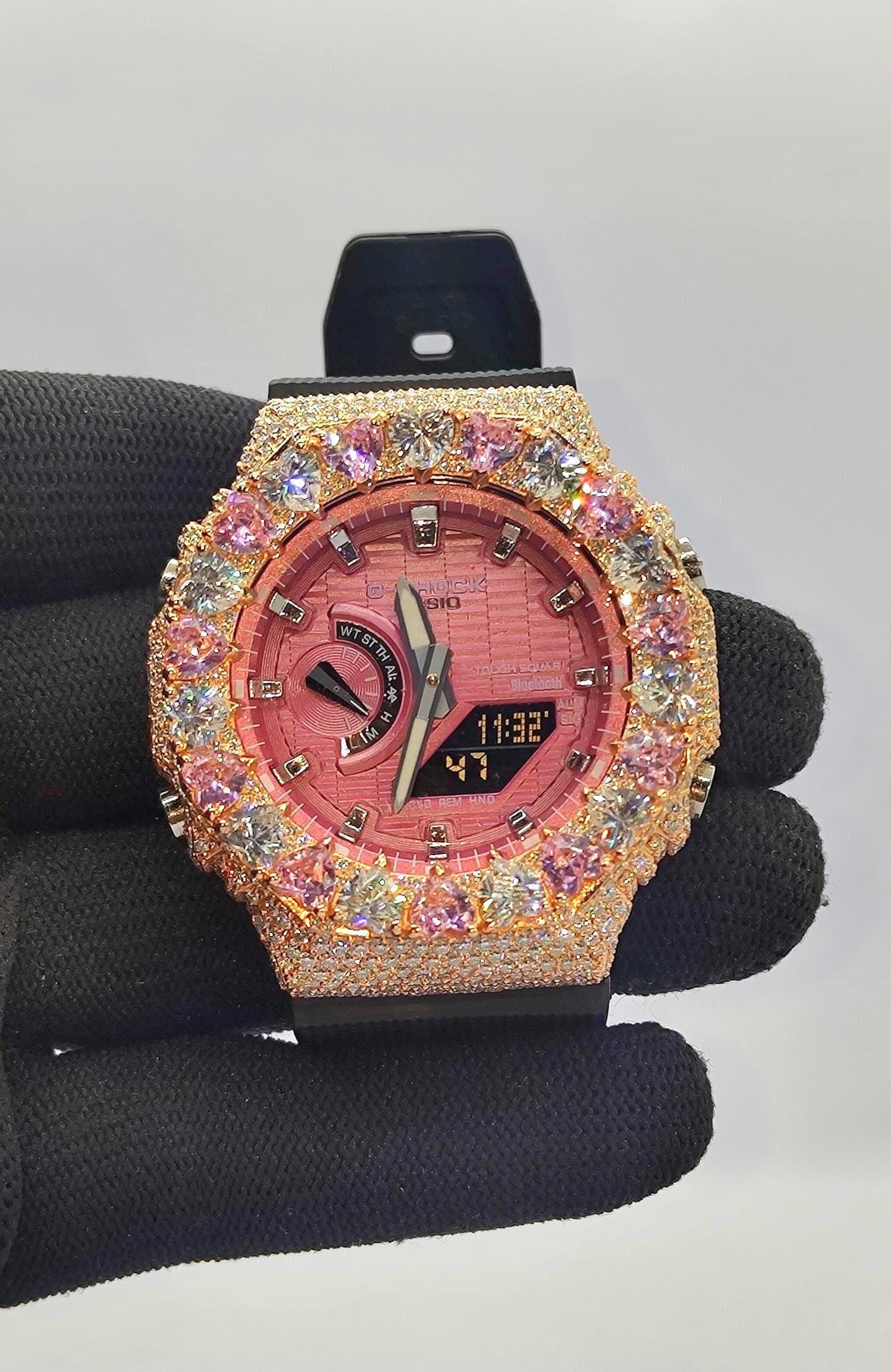 Moissanite Watch – Pink & White Heart - Iced Out Rose Gold Finish – valentine gift