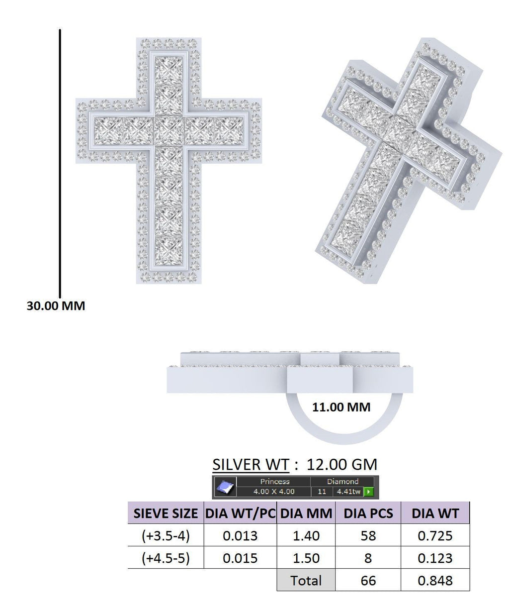 925 Sterling Silver Cross Pendant with Princess cut Moissanite
