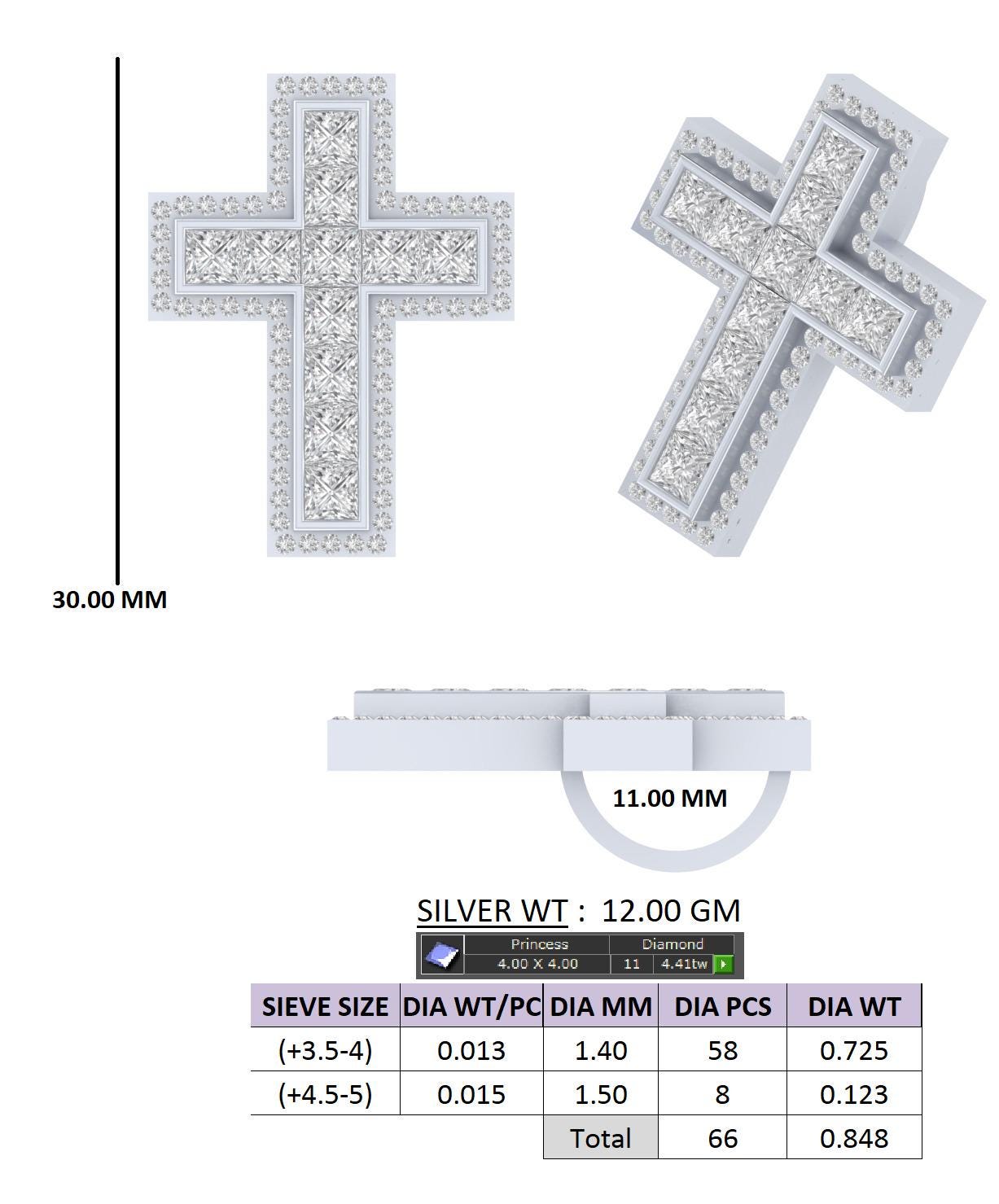 925 Sterling Silver Cross Pendant with Princess cut Moissanite