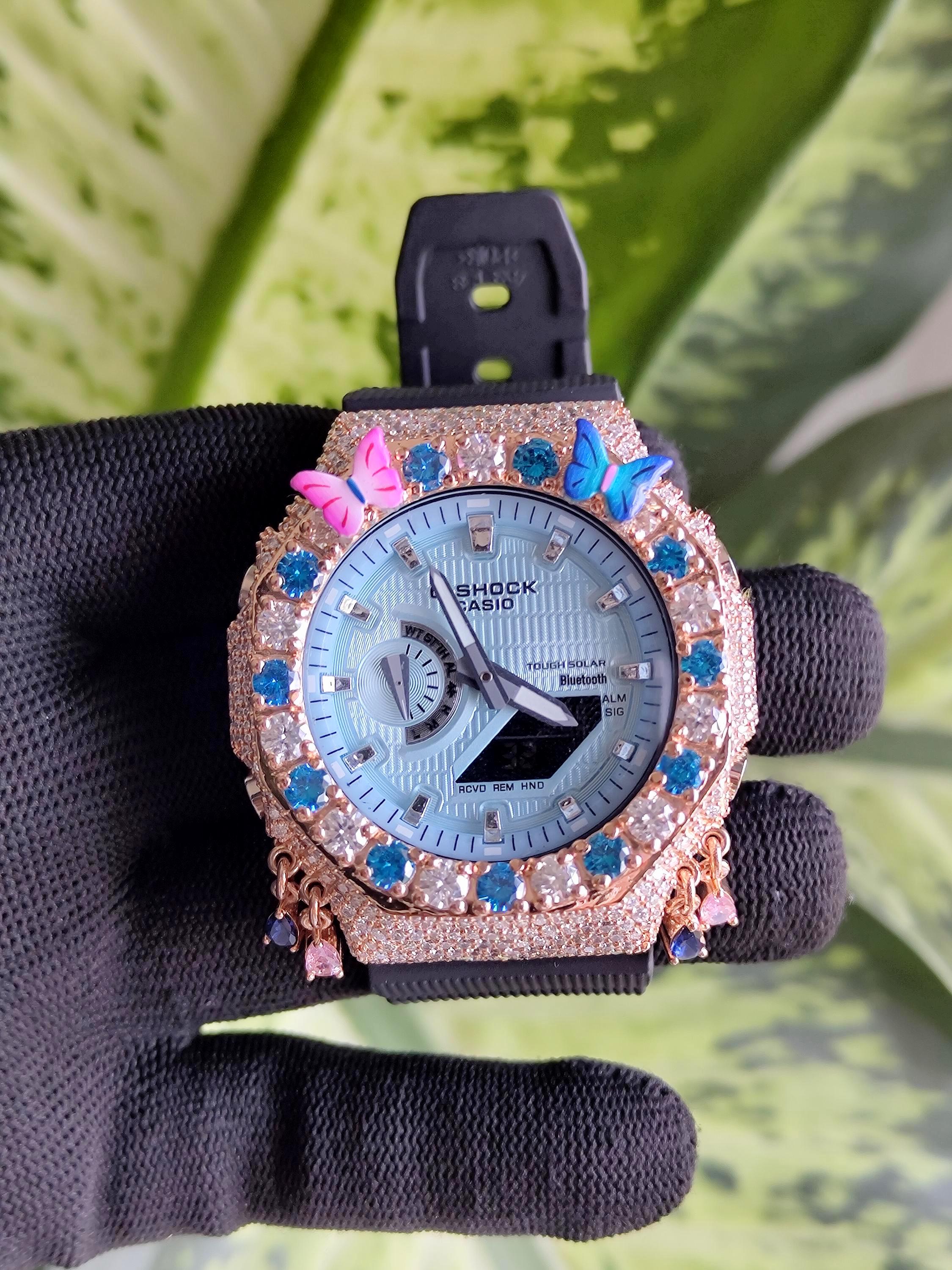 Custom Iced Out Butterfly Moissanite Watch ,Blue & White stones by Silvoura