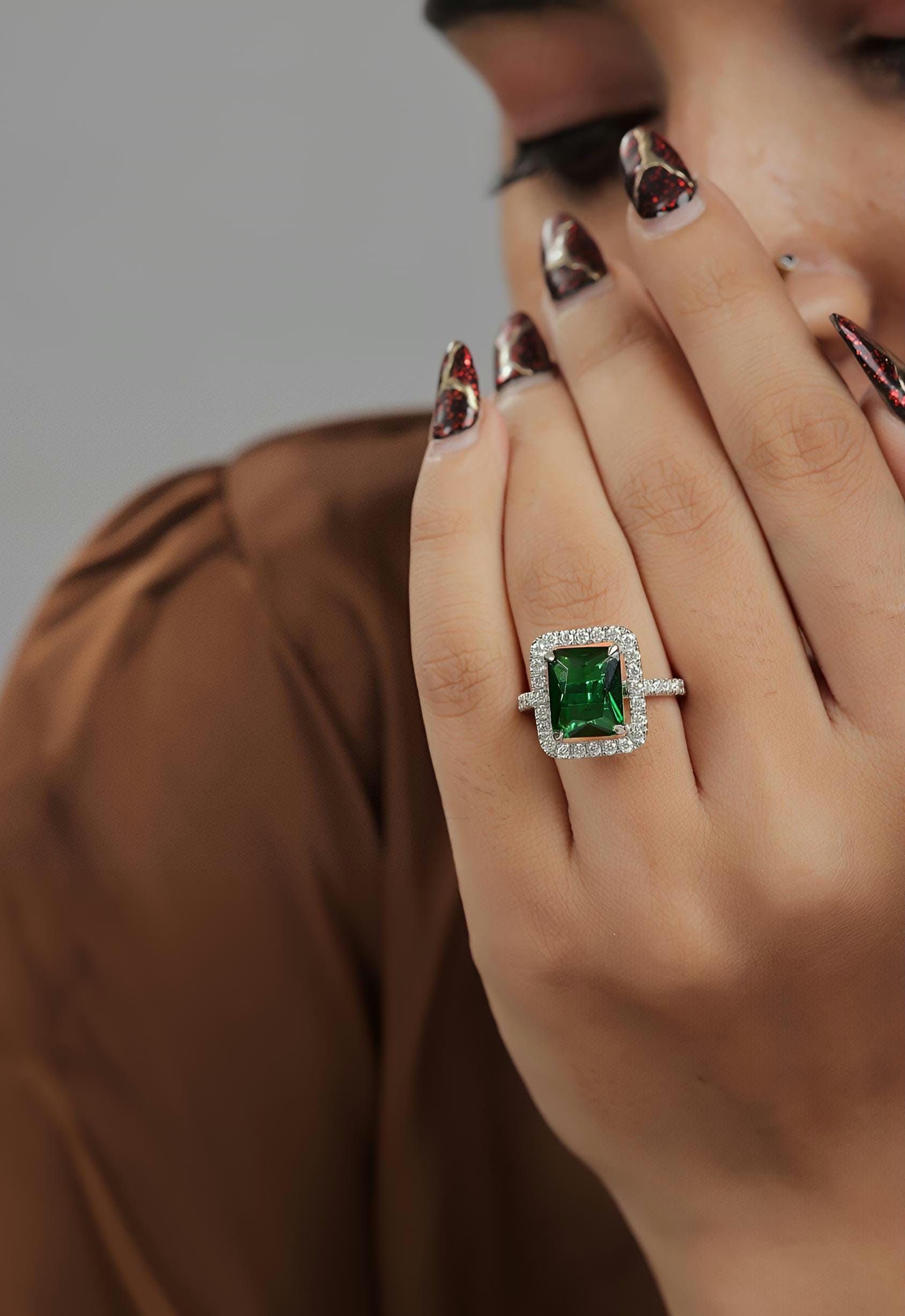 Emerald Green Gemstone & Moissanite Sterling Silver Statement Ring - Square Halo