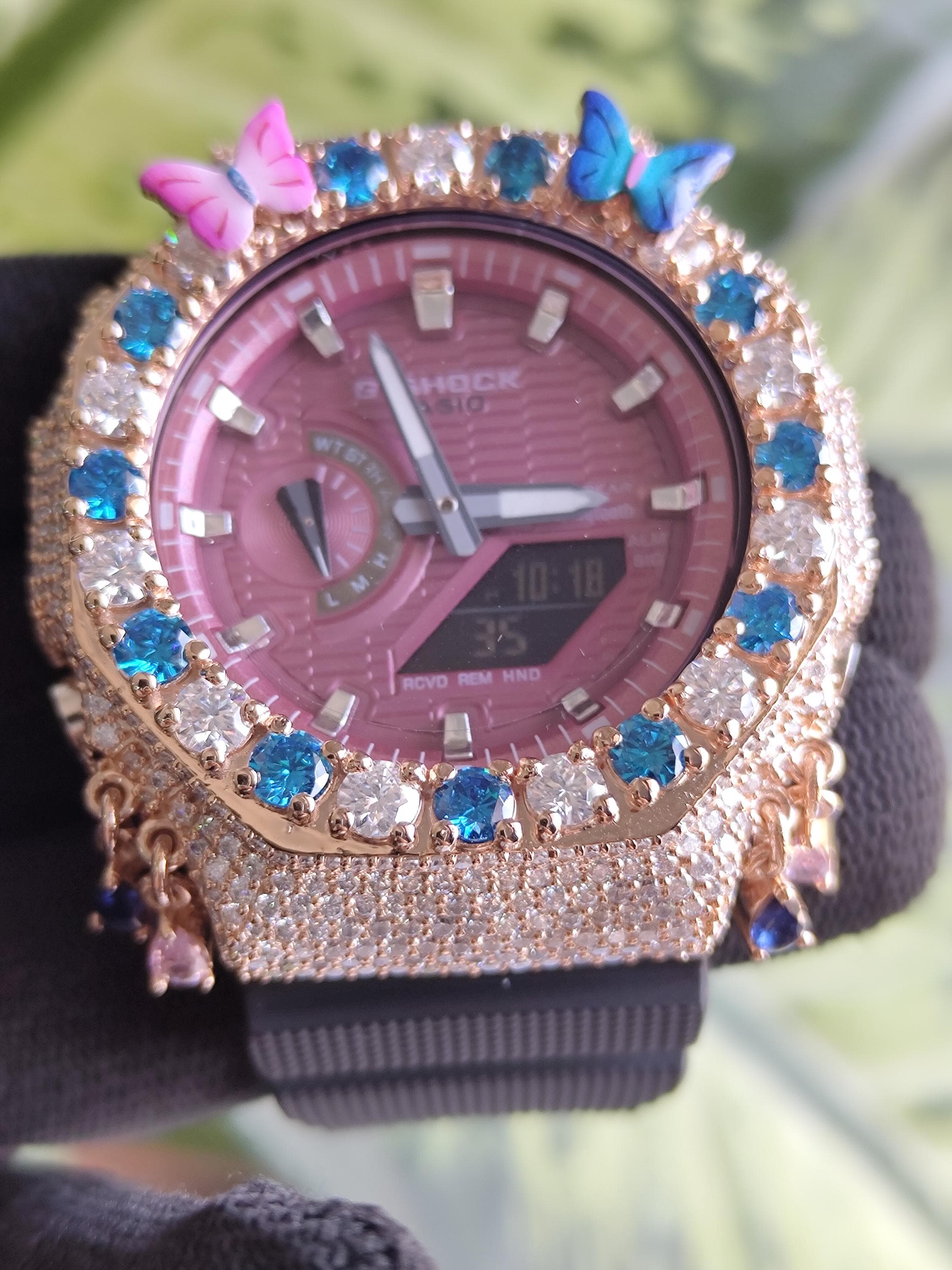 Custom Iced Out Butterfly Moissanite Watch ,Blue & White stones by Silvoura