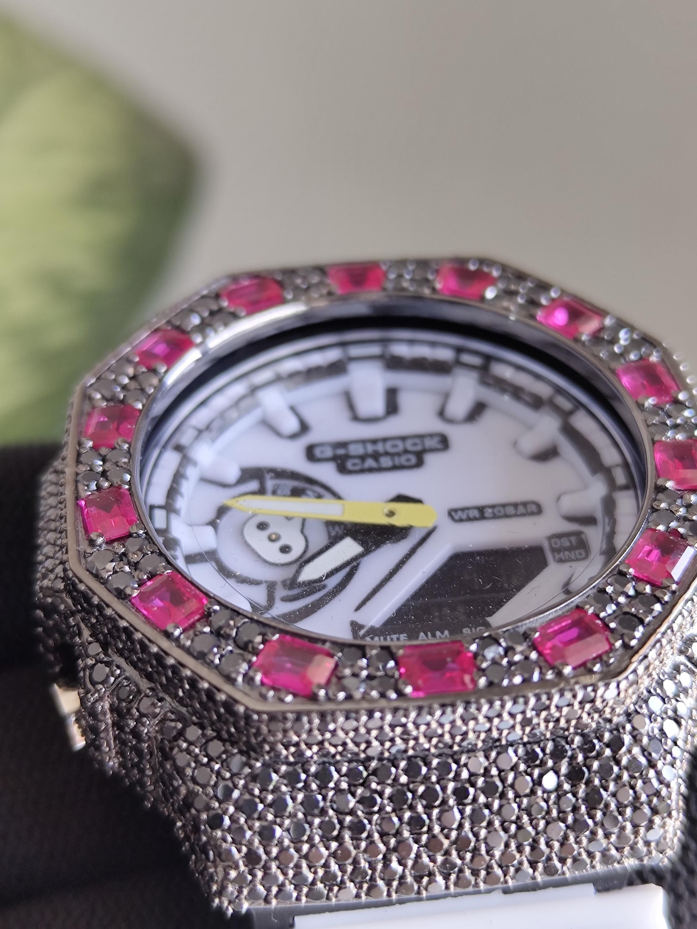 Custom Iced Out Watch: VVS black Moissanite, Raspberry Dial by Silvoura