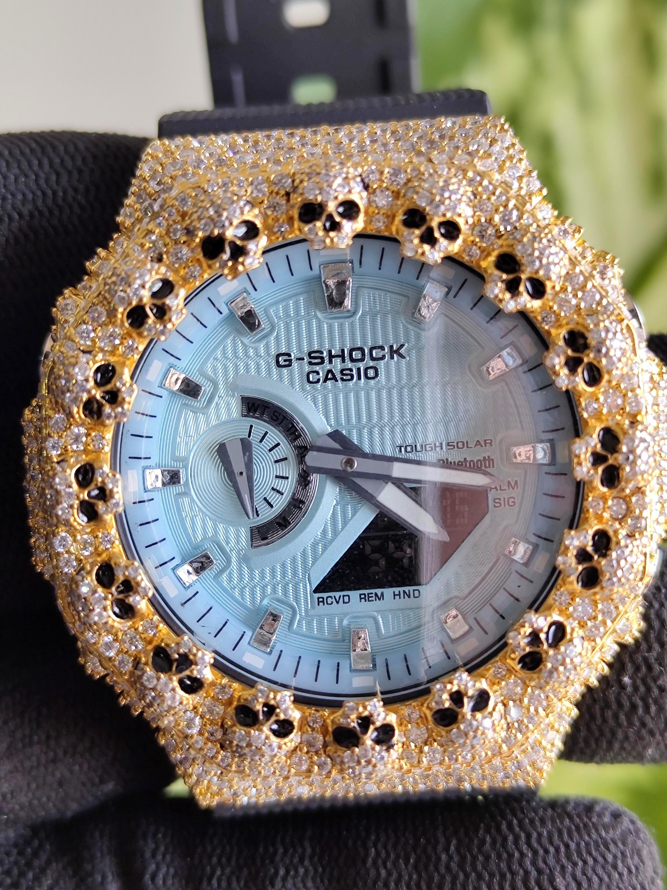 Custom Iced Out Moissanite Watch  – Gold Finish – Skull bezel sky blue dial