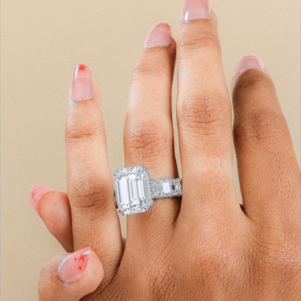 Emerald Cut Moissanite Engagement Ring: 16 Carat Sterling Silver Statement Wedding Ring