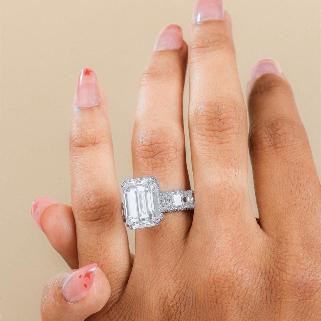 Emerald Cut Moissanite Engagement Ring: 16 Carat Sterling Silver Statement Wedding Ring