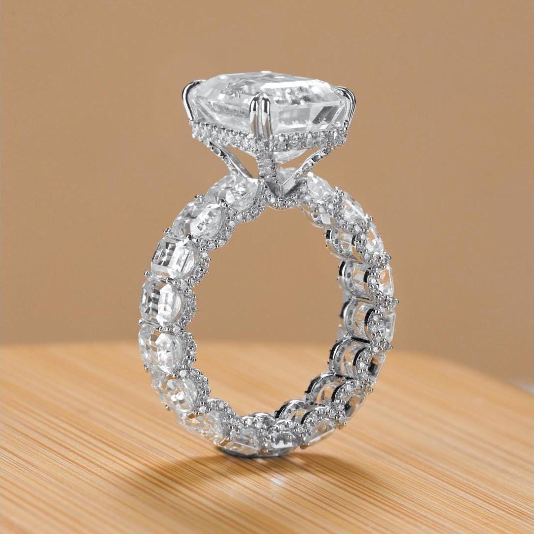 Emerald Cut Moissanite Engagement Ring: 16 Carat Sterling Silver Statement Wedding Ring