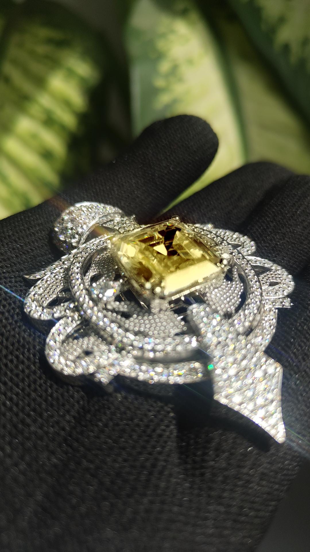 Intricate Yellow Color Stone & Moissanite Sterling Silver Pendant - 4.6 Carat Statement Piece
