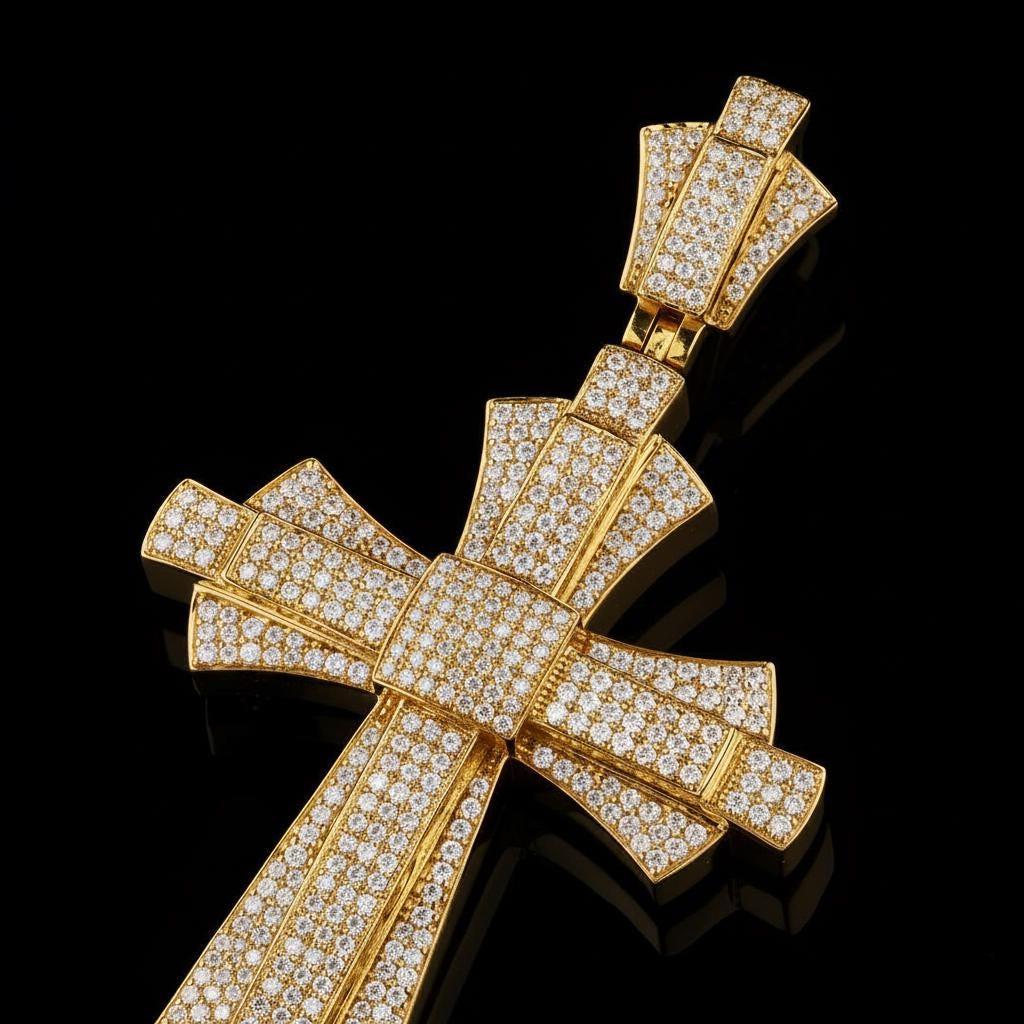 Golden Iced Out Cross Pendant: VVS1 Moissanite, Sterling Silver Hip Hop Necklace