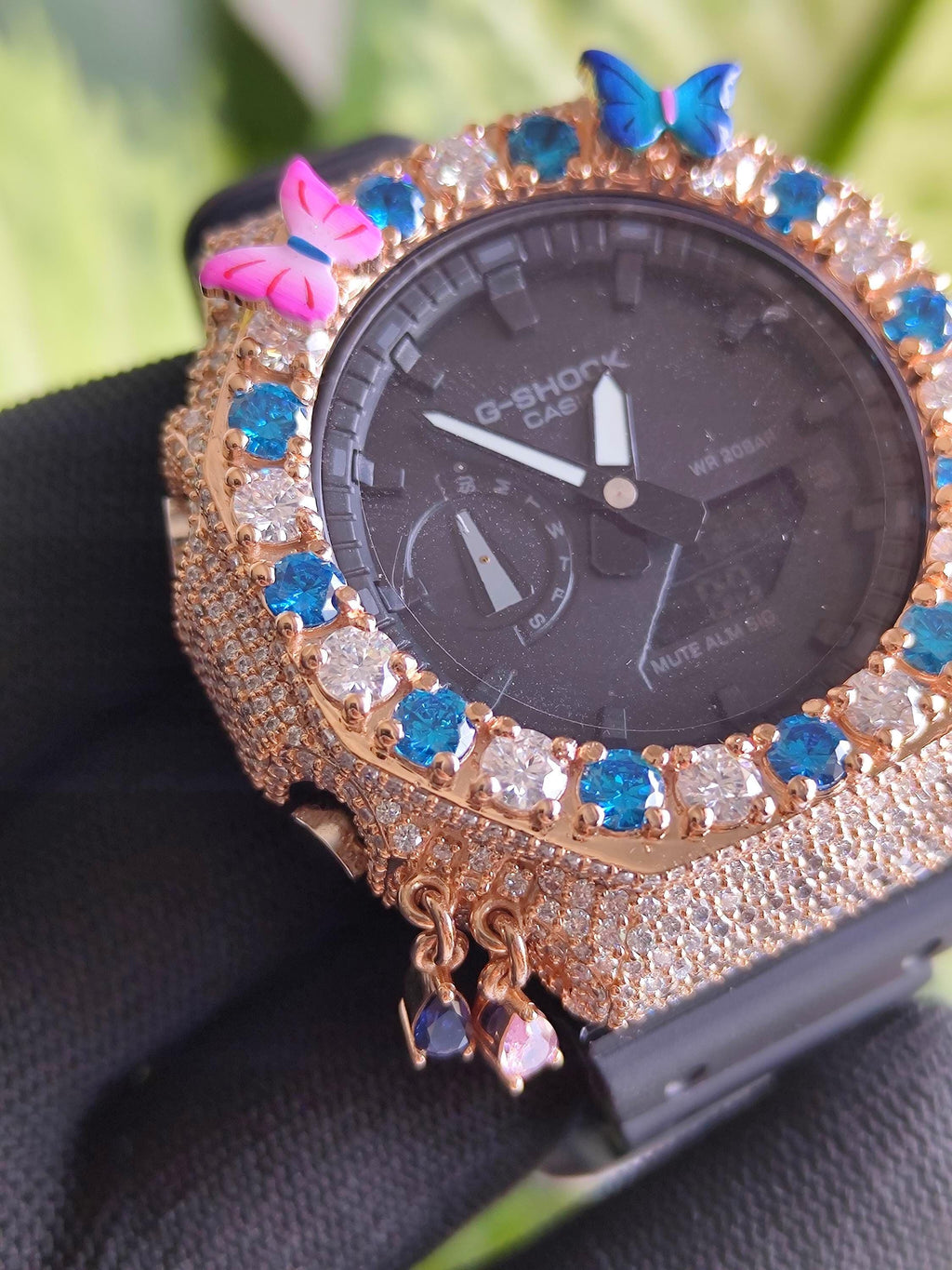 Custom Iced Out Butterfly Moissanite Watch ,Blue & White stones by Silvoura