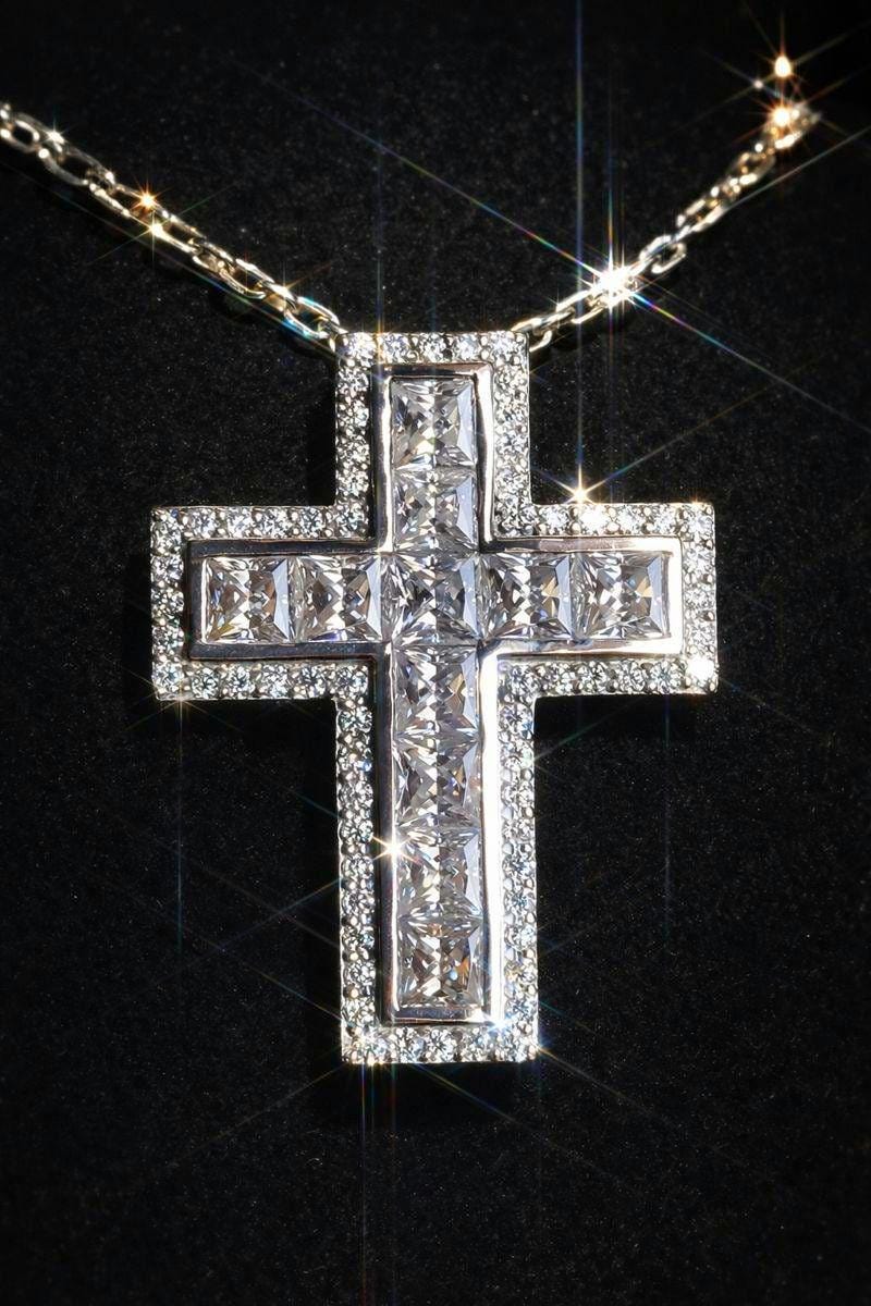 925 Sterling Silver Cross Pendant with Princess cut Moissanite