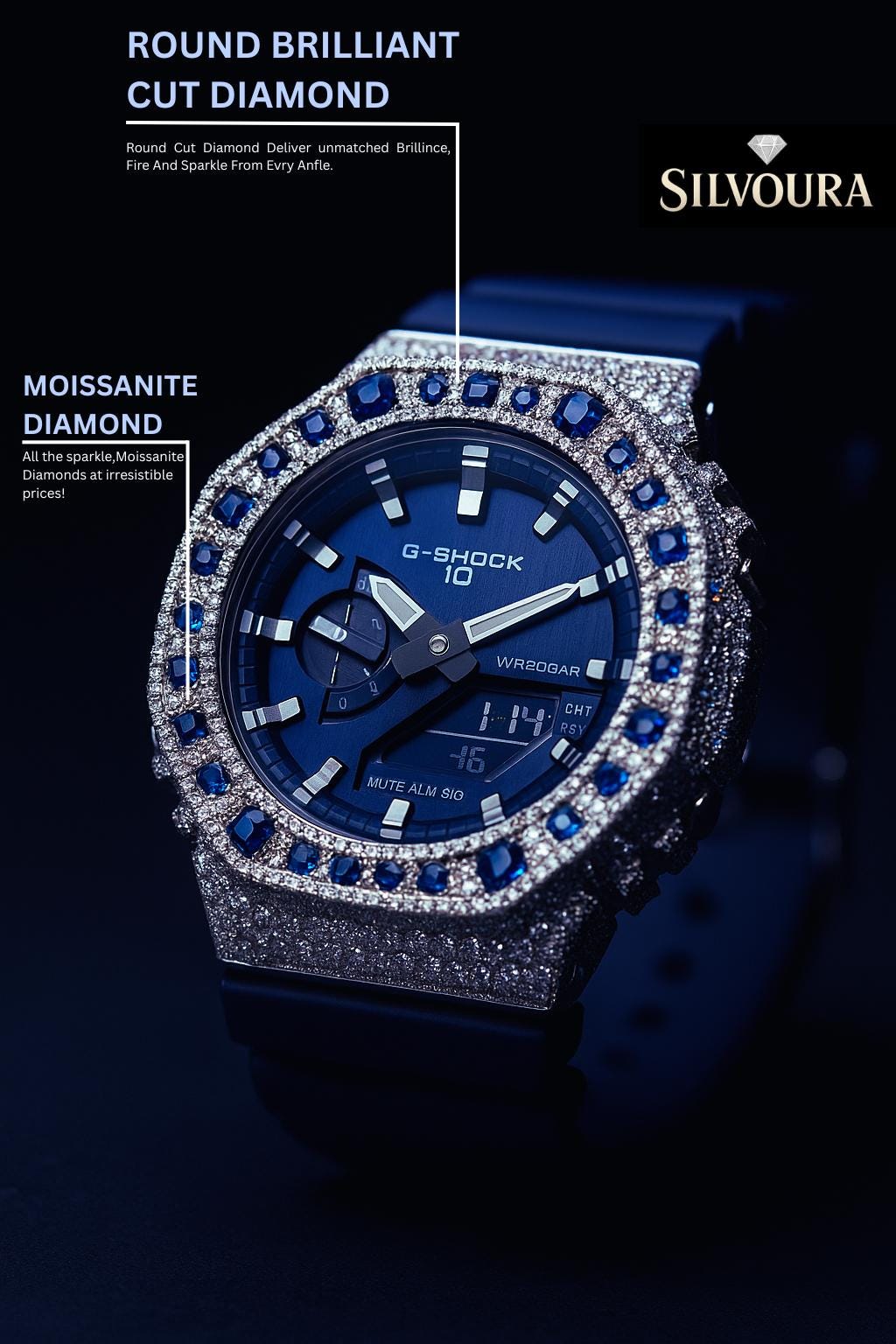 Custom Iced Out Watch: VVS Moissanite, Blue Dial by Silvoura