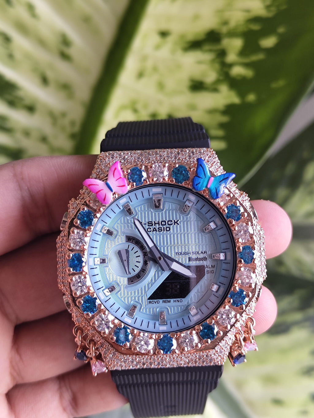 Custom Iced Out Butterfly Moissanite Watch ,Blue & White stones by Silvoura