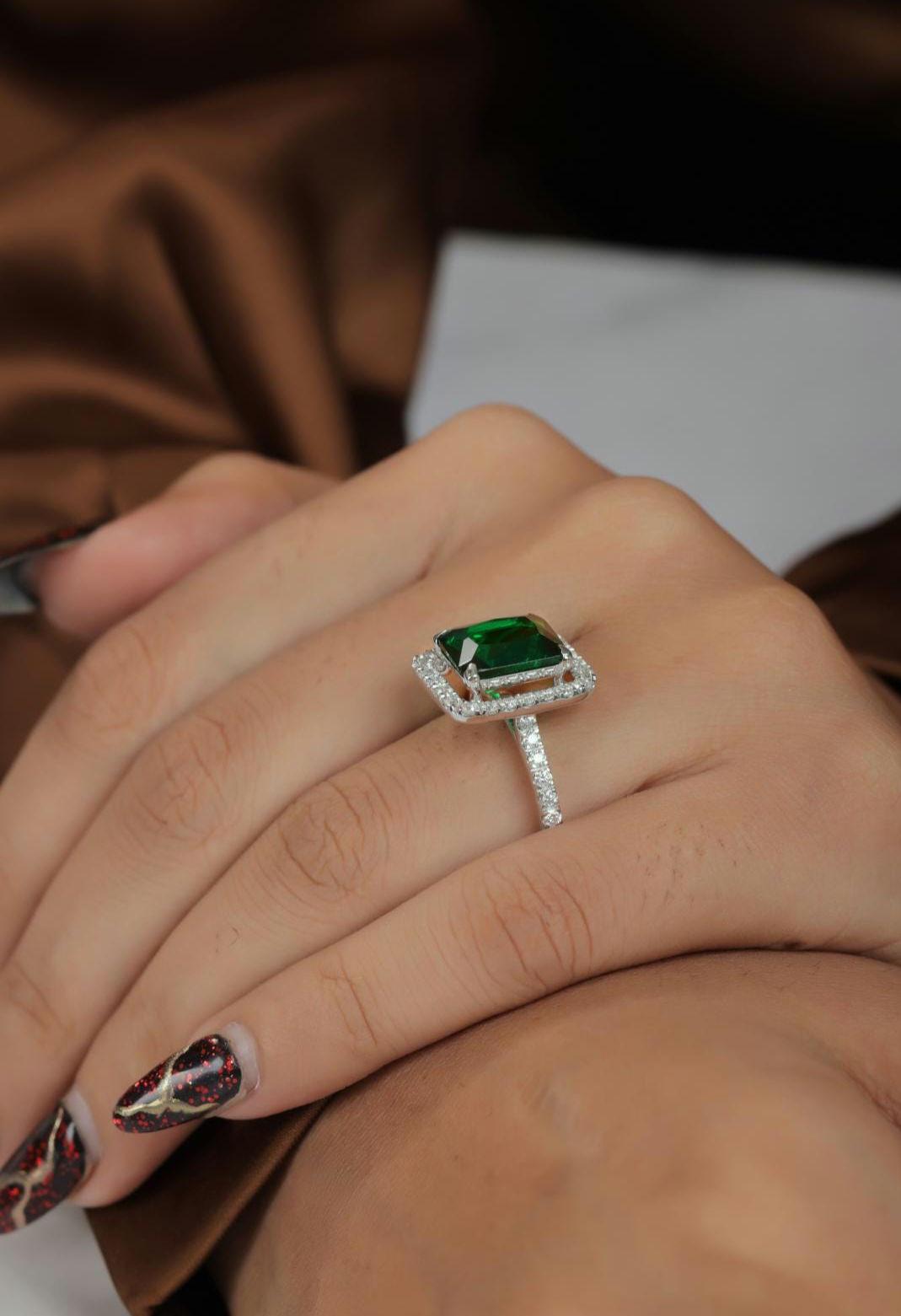 Emerald Green Gemstone & Moissanite Sterling Silver Statement Ring - Square Halo