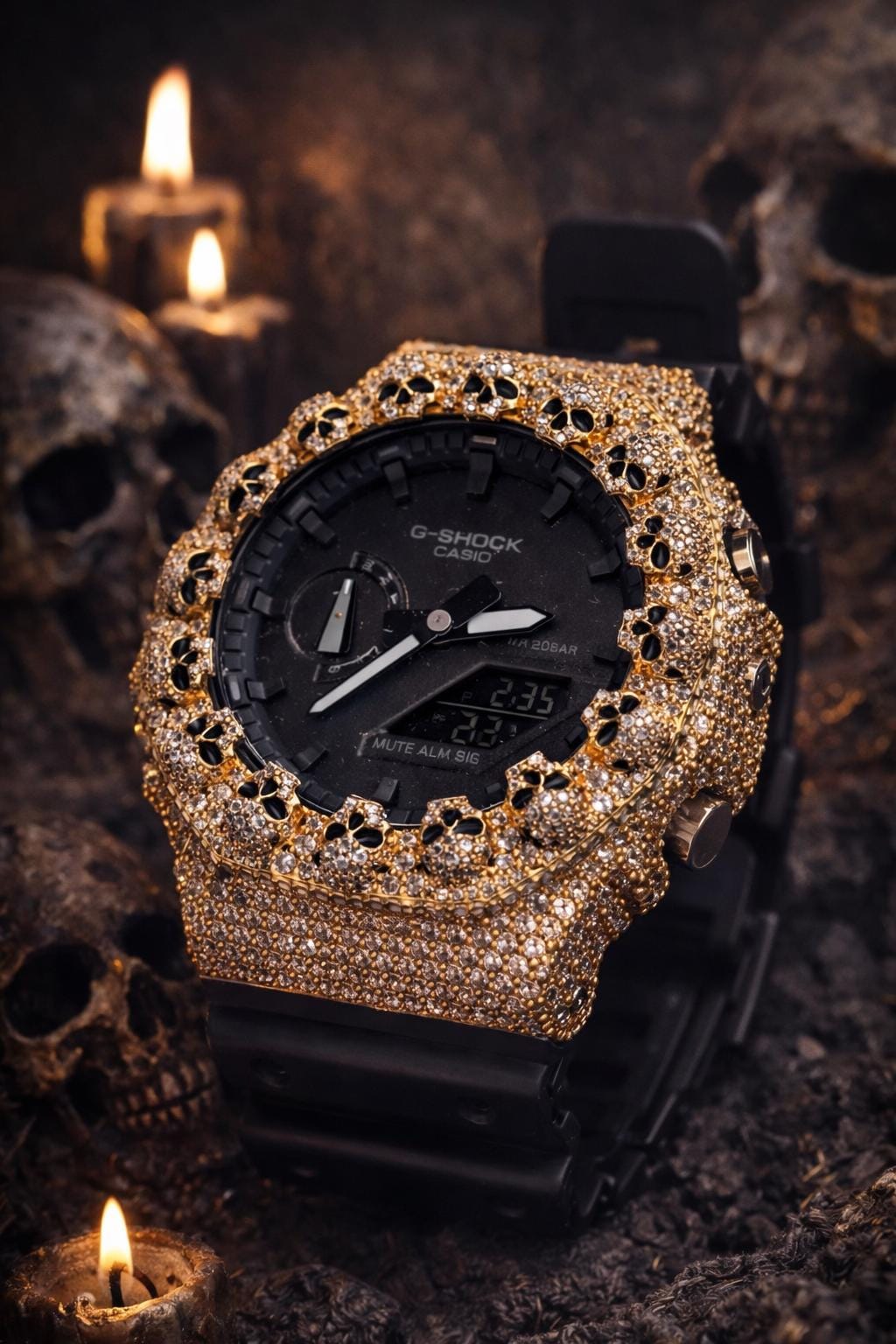 Custom Iced Out Moissanite Watch  – Gold Finish – Skull bazel