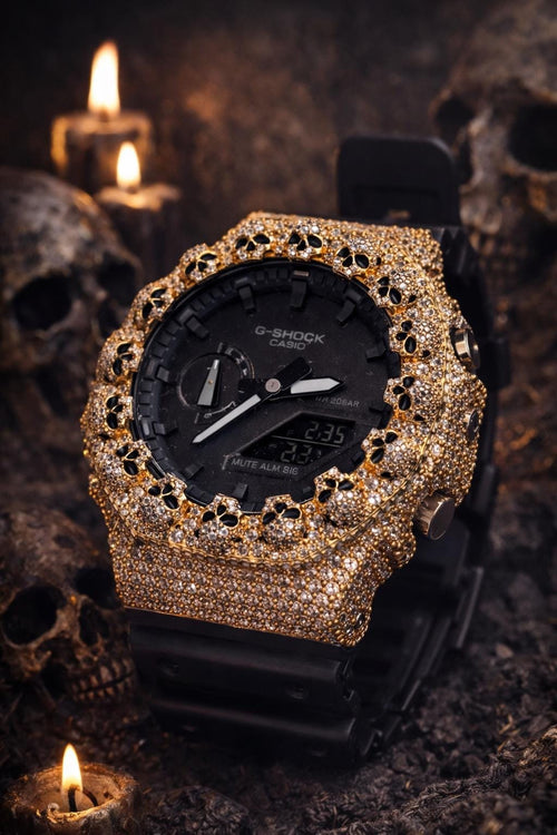Custom Iced Out Moissanite Watch  – Gold Finish – Skull bazel