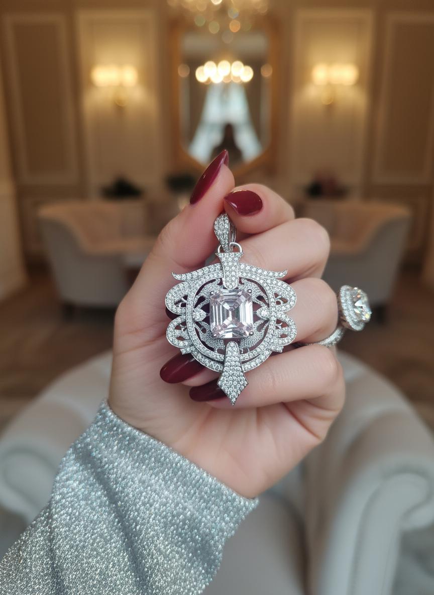 Art Deco Style Moissanite Silver iced out Pendant