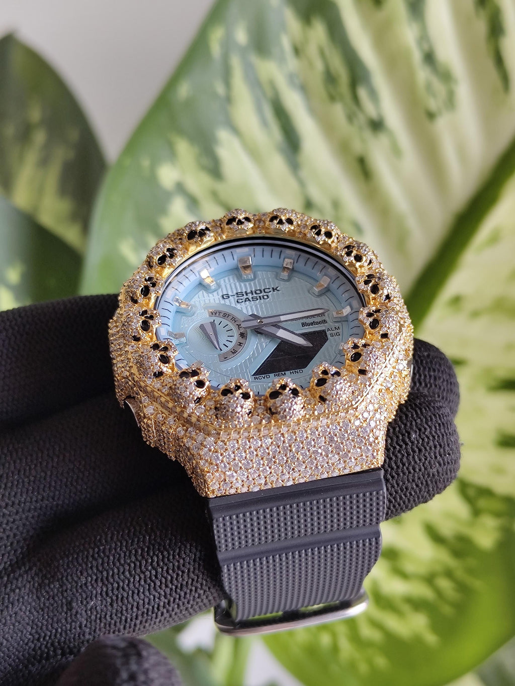 Custom Iced Out Moissanite Watch  – Gold Finish – Skull bezel sky blue dial