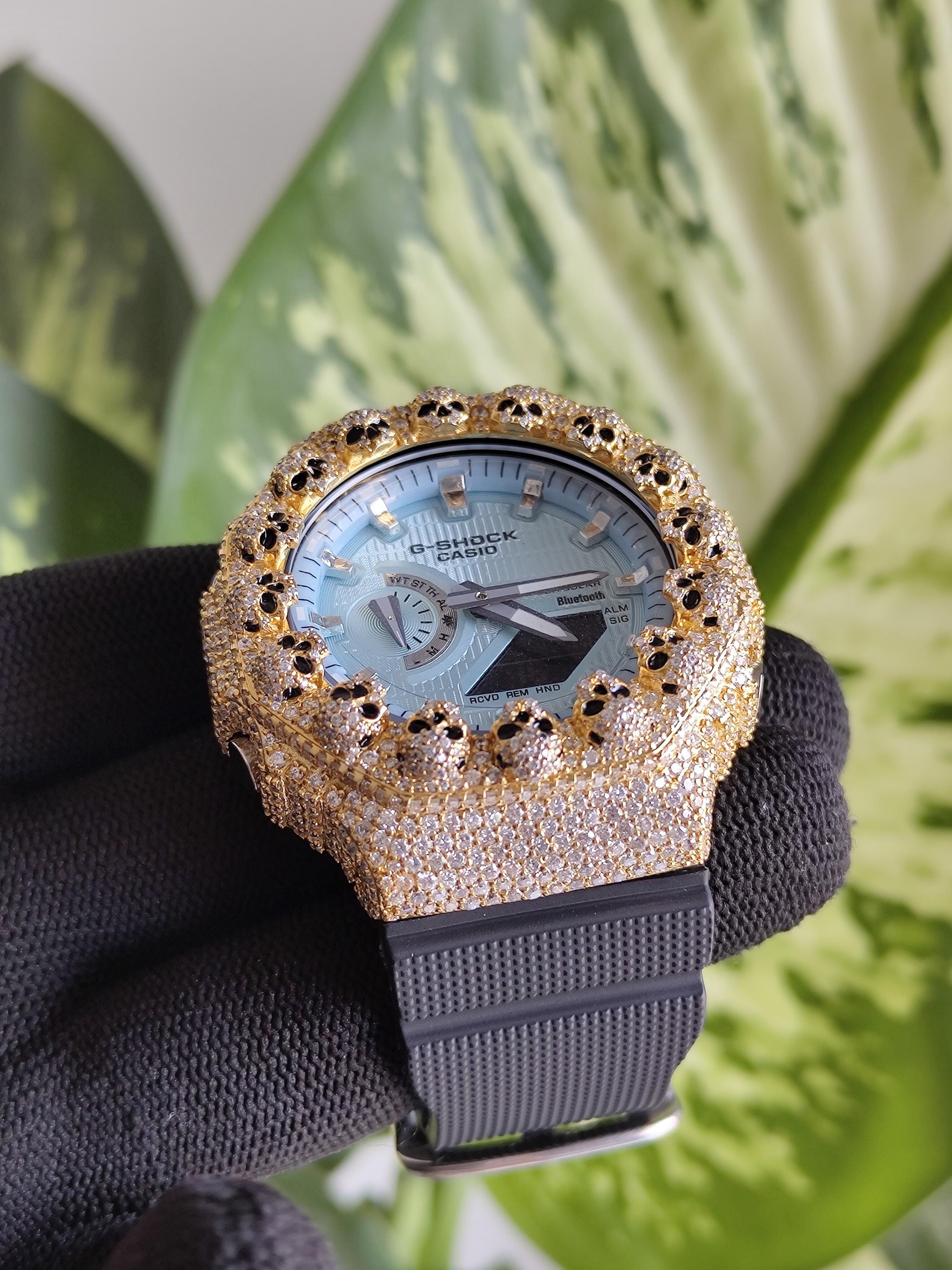 Custom Iced Out Moissanite Watch  – Gold Finish – Skull bezel sky blue dial