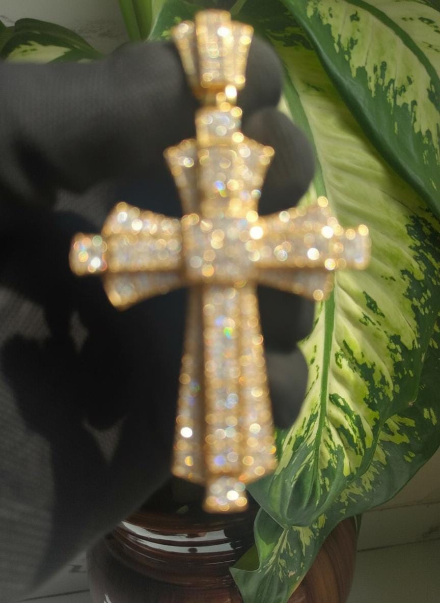 Golden Iced Out Cross Pendant: VVS1 Moissanite, Sterling Silver Hip Hop Necklace
