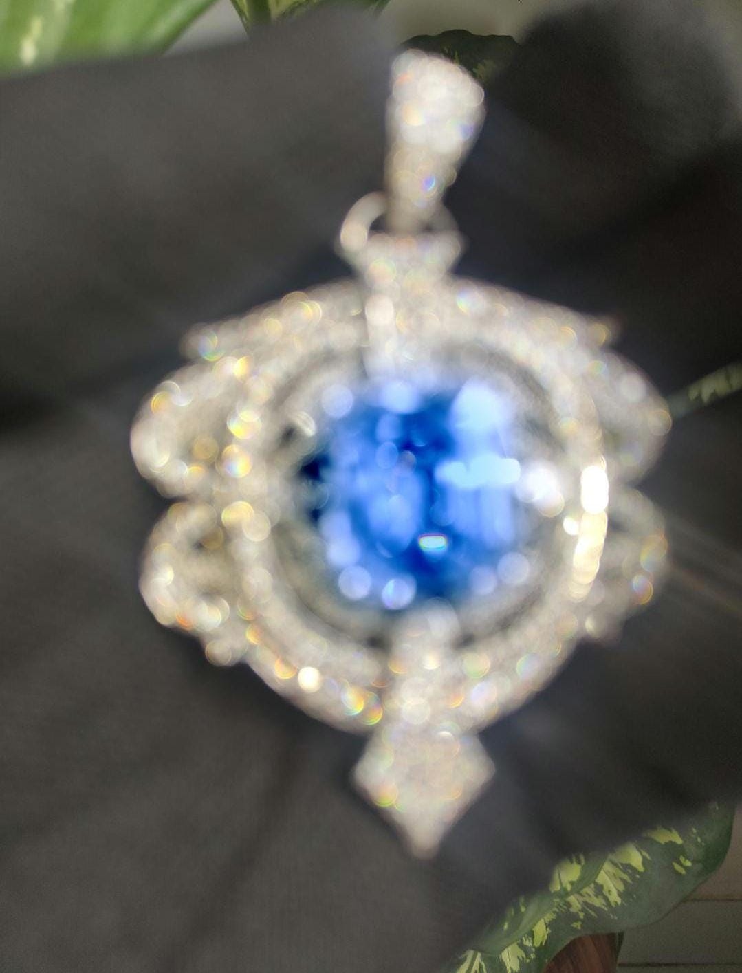 Intricate BLUE Color Stone & Moissanite Sterling Silver Pendant - 4.6 Carat Statement Piece
