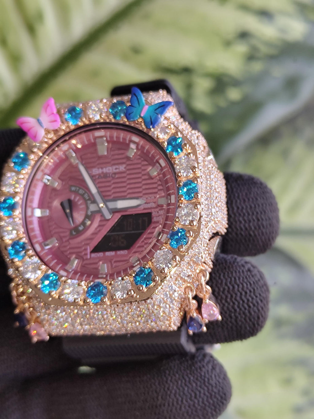 Custom Iced Out Butterfly Moissanite Watch ,Blue & White stones by Silvoura