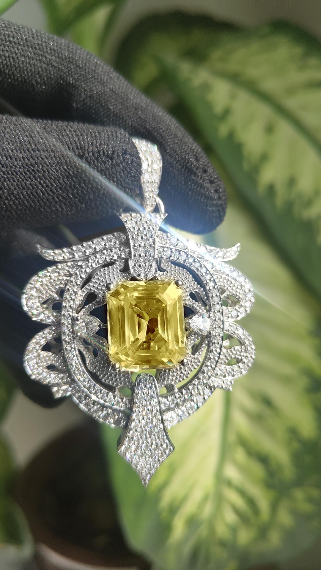 Intricate Yellow Color Stone & Moissanite Sterling Silver Pendant - 4.6 Carat Statement Piece