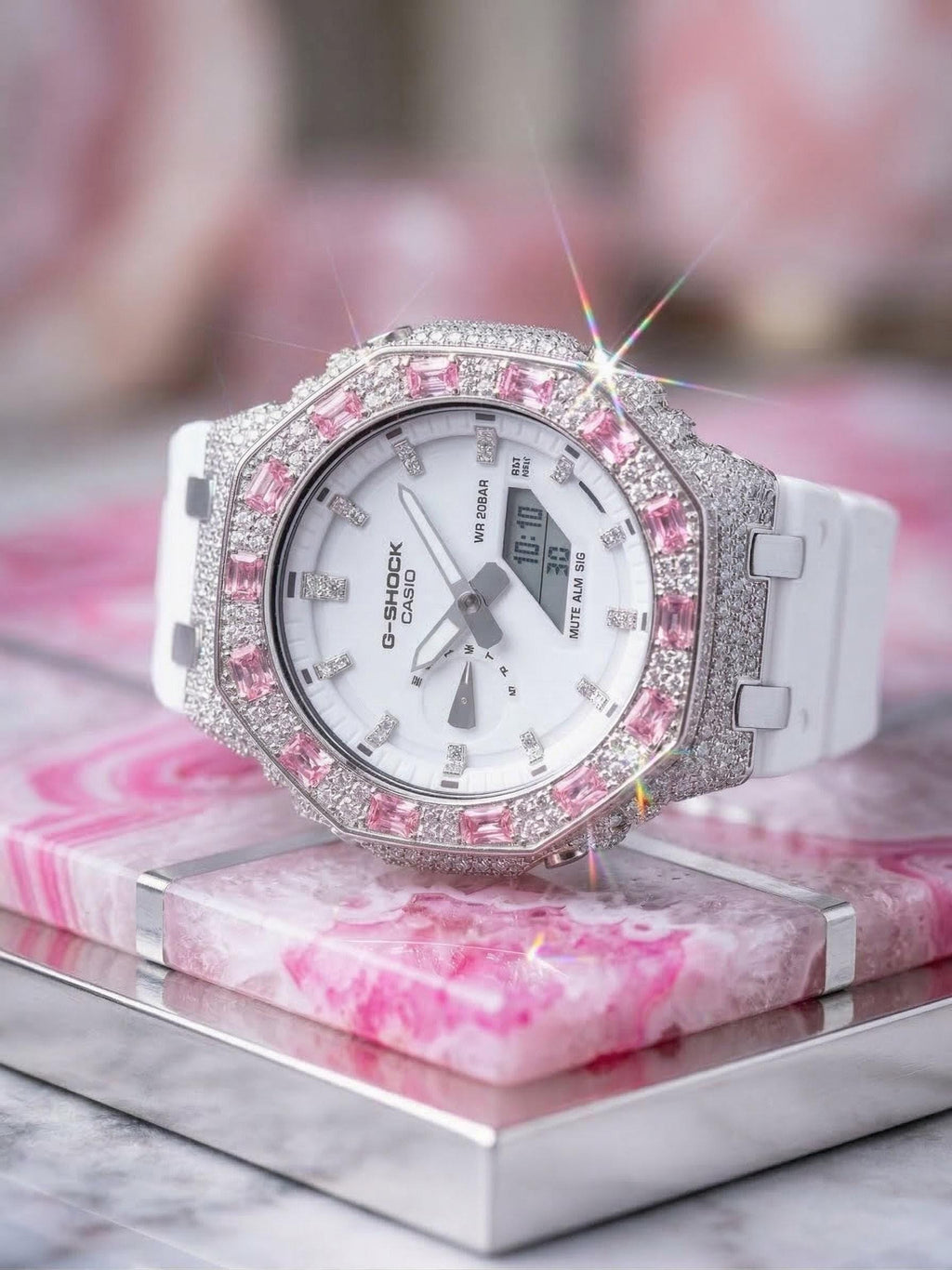 Custom Iced Out Watch: VVS Moissanite, pink Dial by Silvoura