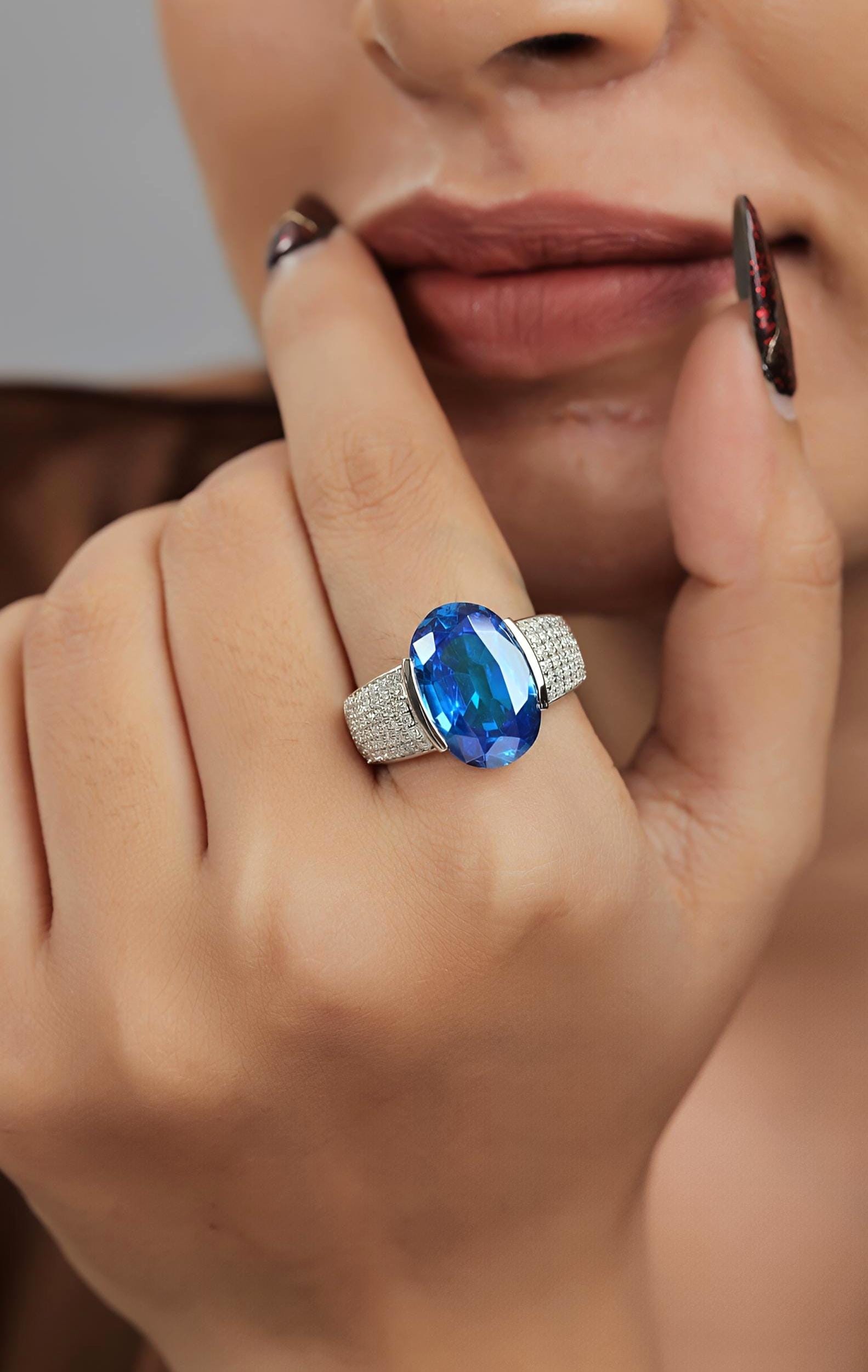 Horizontal Oval Blue Gemstone & Moissanite Sterling Silver Statement Ring