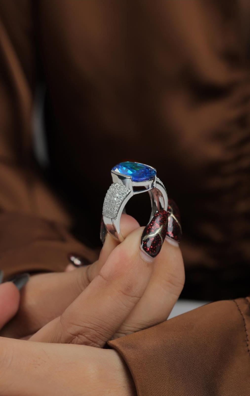 Horizontal Oval Blue Gemstone & Moissanite Sterling Silver Statement Ring