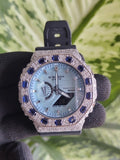 Custom Iced Out bezel Watch: VVS Moissanite, sky Blue Dial by Silvoura