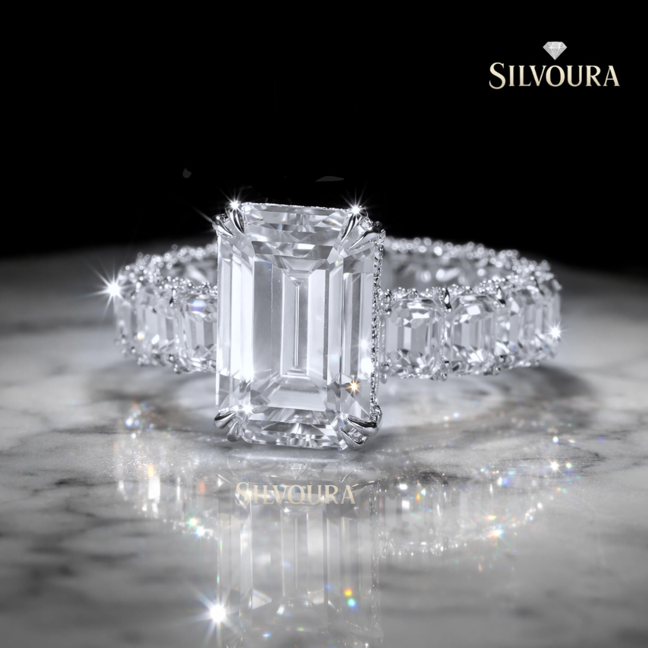 Emerald Cut Moissanite Engagement Ring: 16 Carat Sterling Silver Statement Wedding Ring
