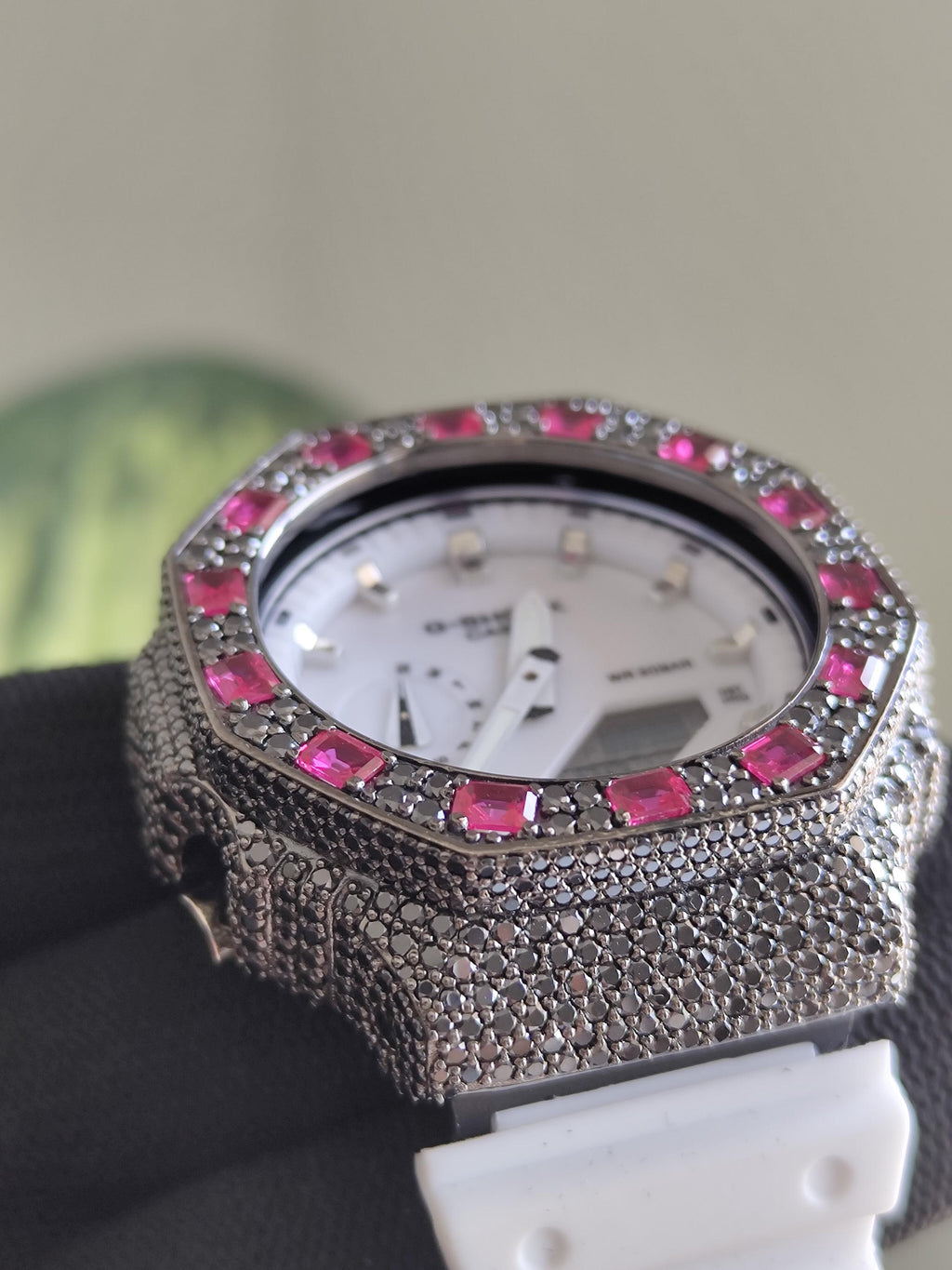 Custom Iced Out Watch: VVS black Moissanite, Raspberry Dial by Silvoura