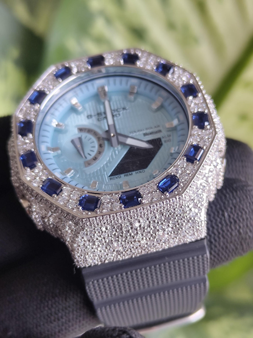 Custom Iced Out bezel Watch: VVS Moissanite, sky Blue Dial by Silvoura