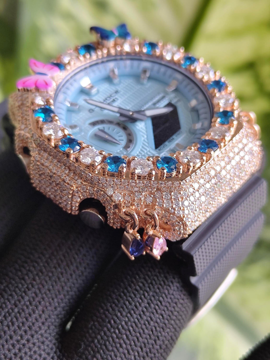Custom Iced Out Butterfly Moissanite Watch ,Blue & White stones by Silvoura