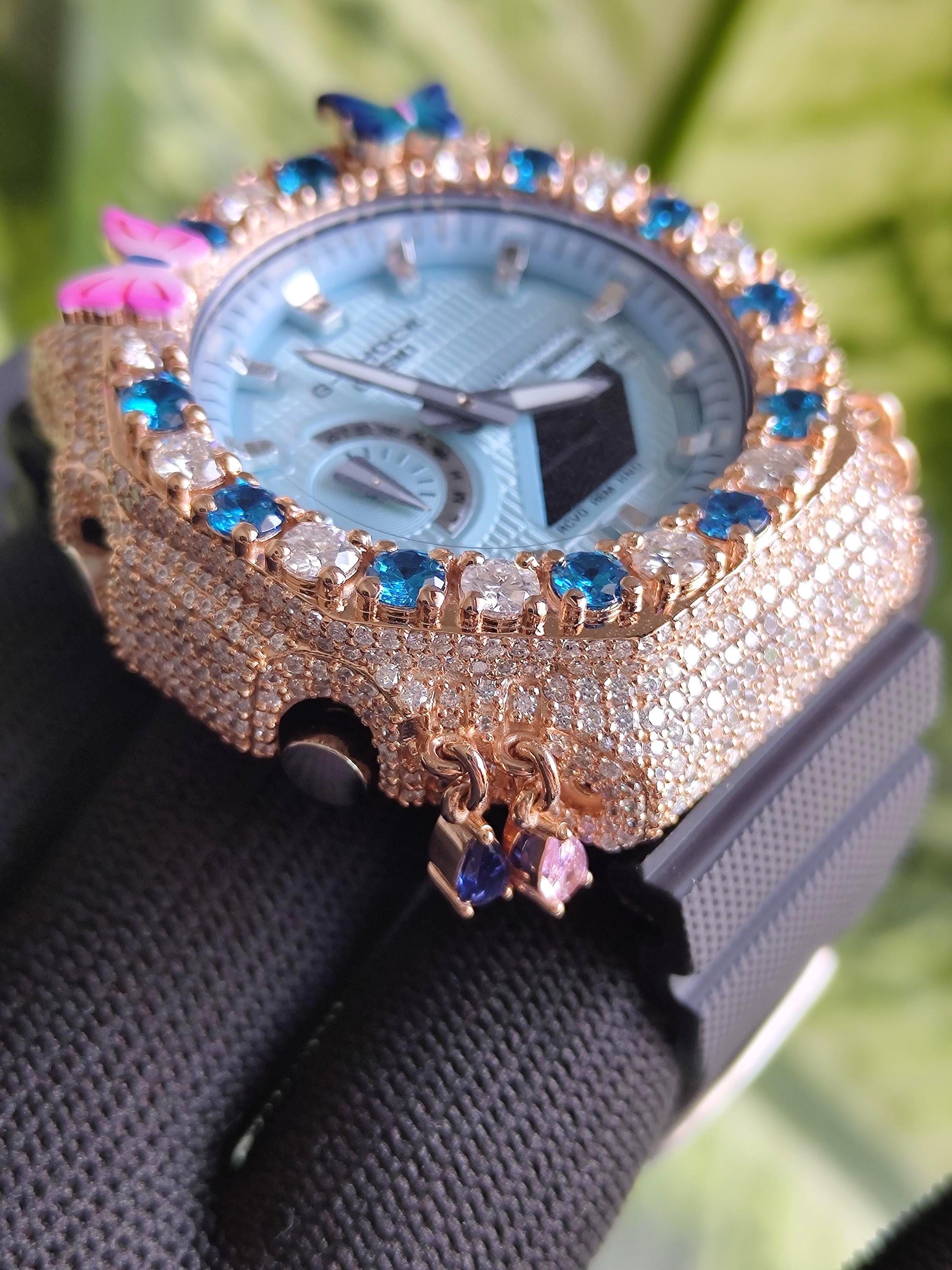 Custom Iced Out Butterfly Moissanite Watch ,Blue & White stones by Silvoura