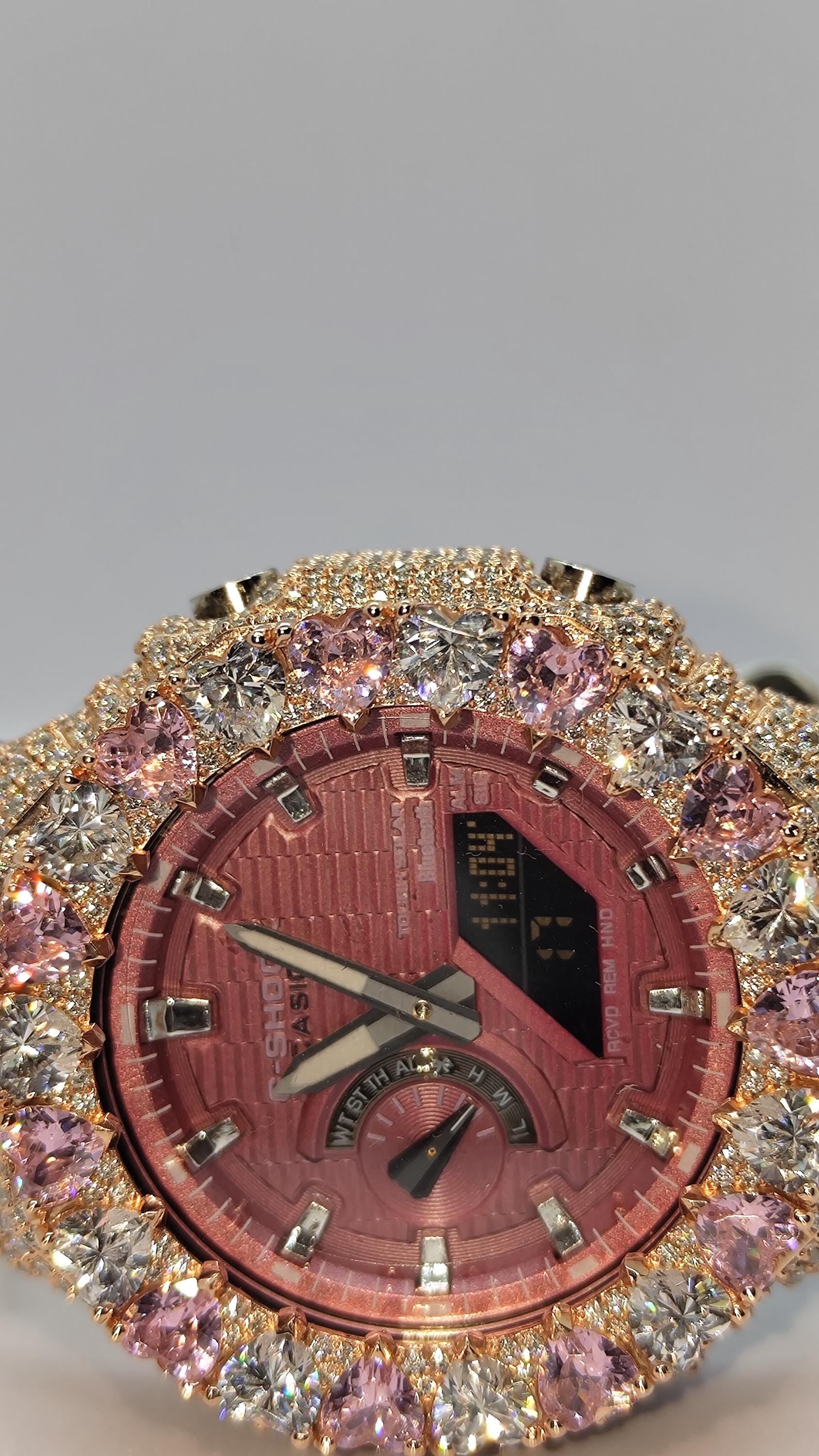 Moissanite Watch – Pink & White Heart - Iced Out Rose Gold Finish – valentine gift