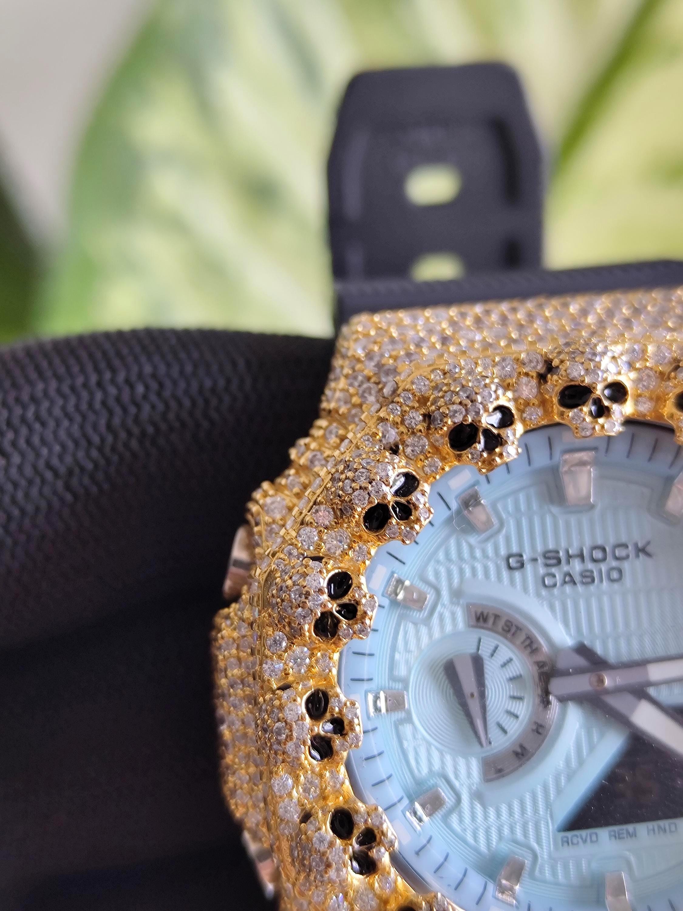 Custom Iced Out Moissanite Watch  – Gold Finish – Skull bezel sky blue dial