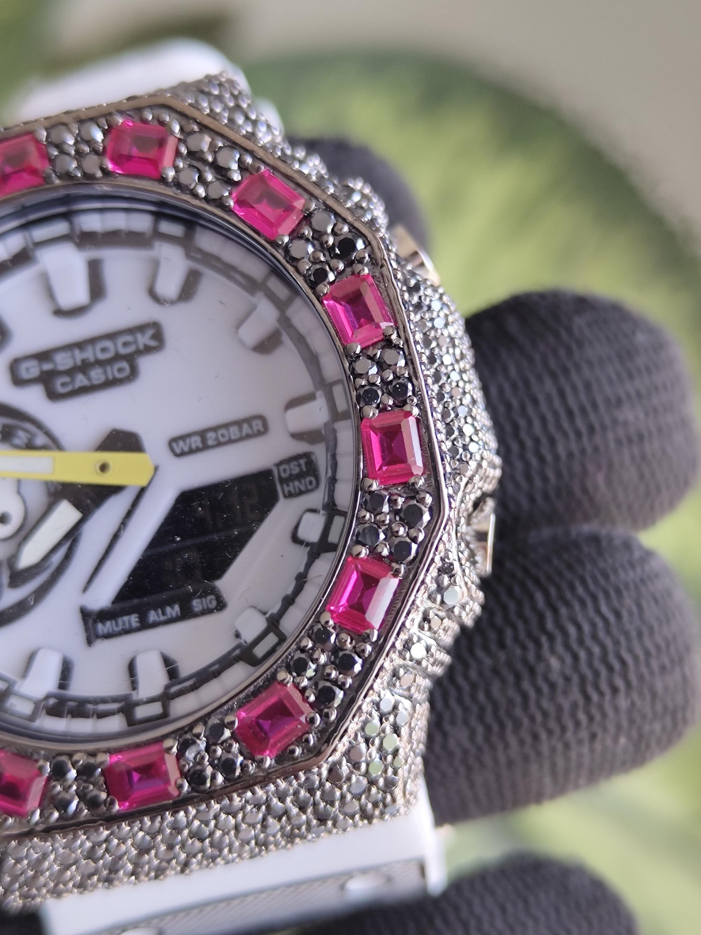 Custom Iced Out Watch: VVS black Moissanite, Raspberry Dial by Silvoura