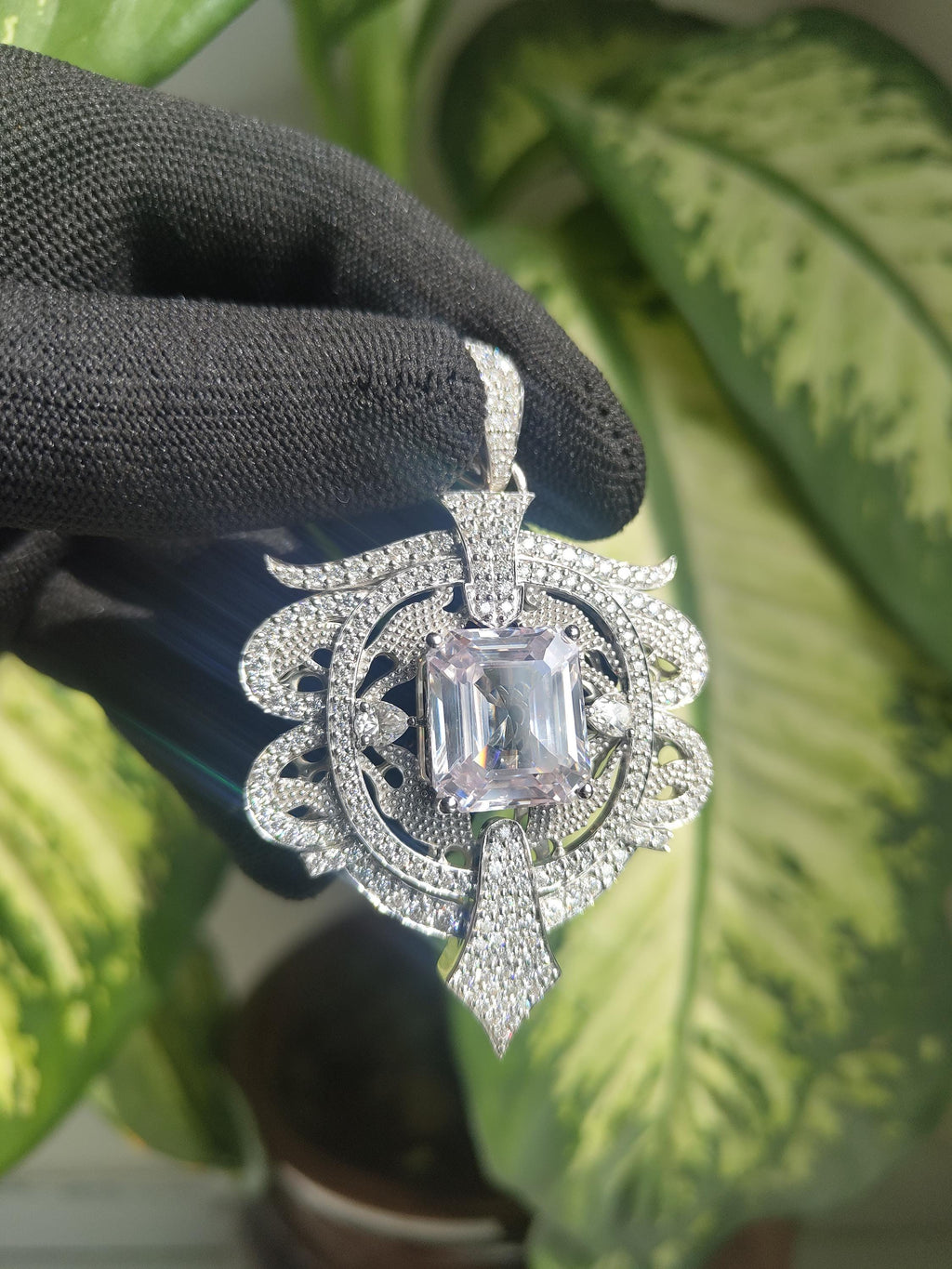 Art Deco Style Moissanite Silver iced out Pendant