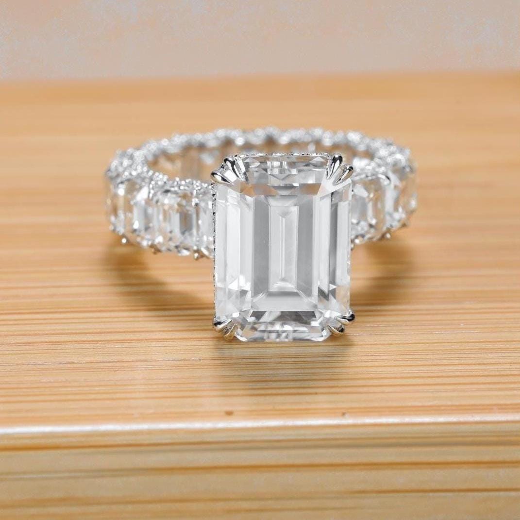 Emerald Cut Moissanite Engagement Ring: 16 Carat Sterling Silver Statement Wedding Ring