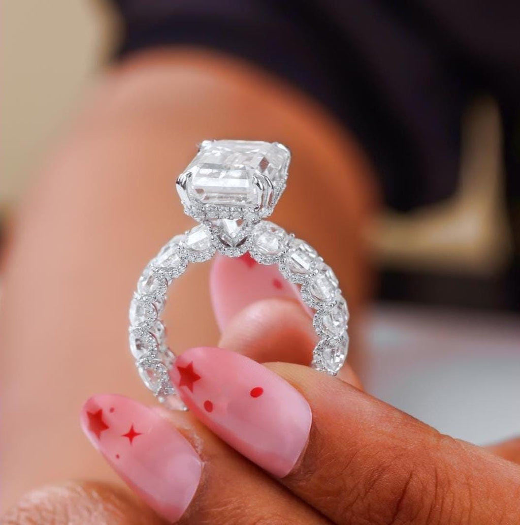 Emerald Cut Moissanite Engagement Ring: 16 Carat Sterling Silver Statement Wedding Ring