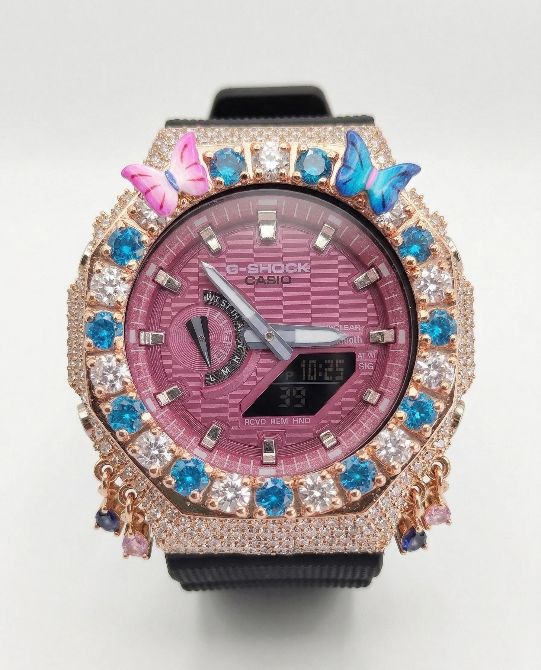 Custom Iced Out Butterfly Moissanite Watch ,Blue & White stones by Silvoura