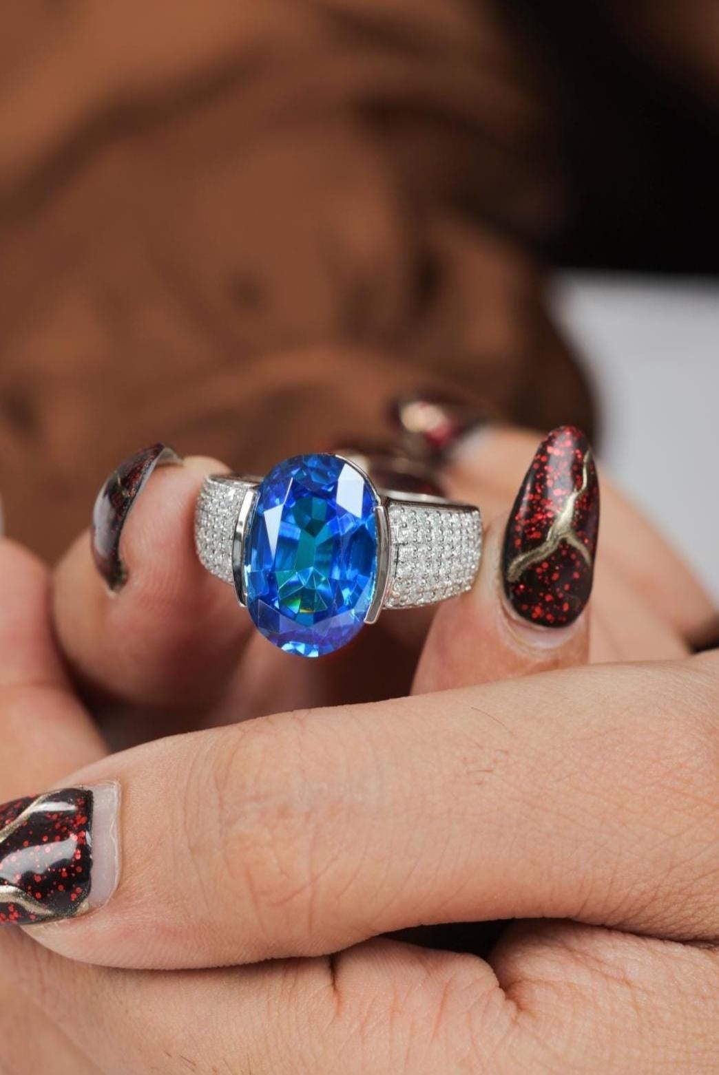 Horizontal Oval Blue Gemstone & Moissanite Sterling Silver Statement Ring