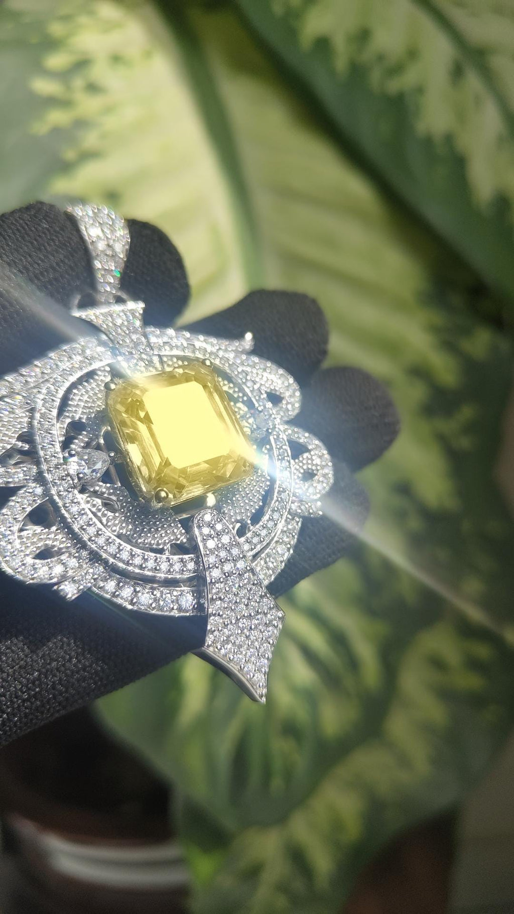 Intricate Yellow Color Stone & Moissanite Sterling Silver Pendant - 4.6 Carat Statement Piece