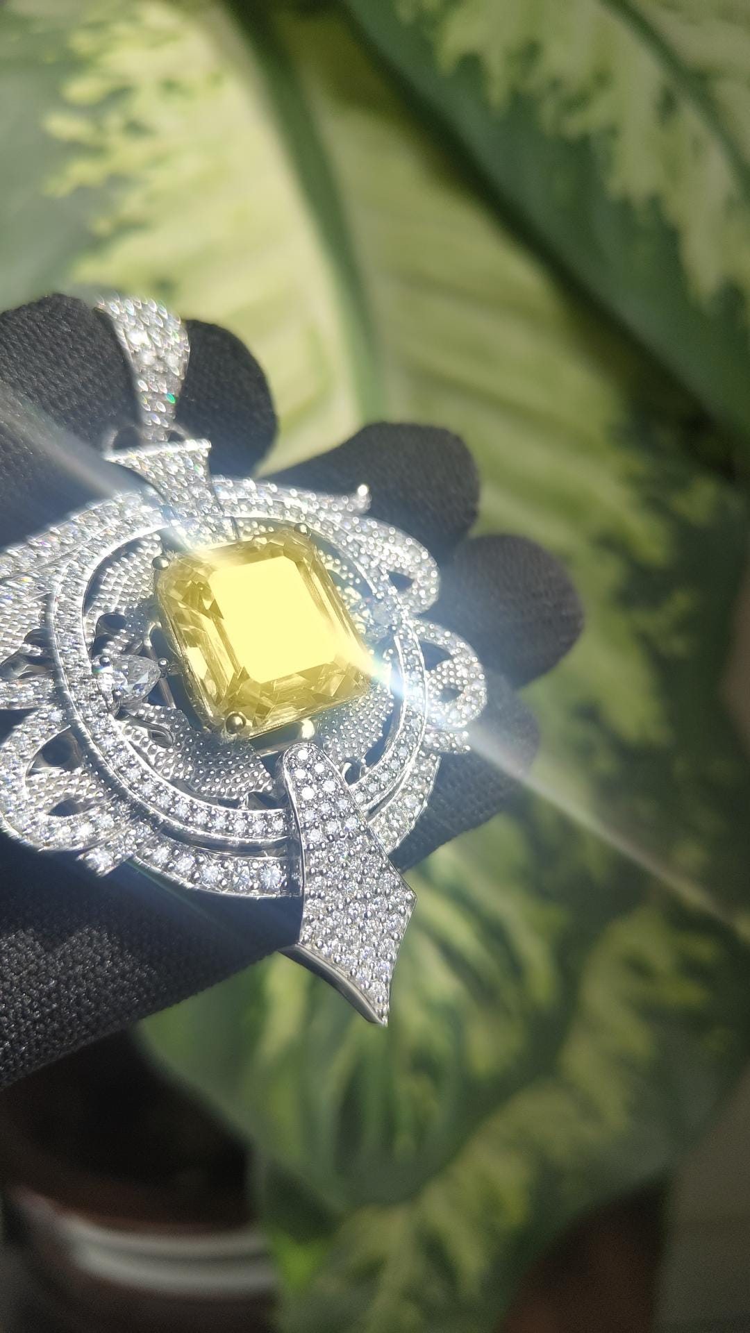 Intricate Yellow Color Stone & Moissanite Sterling Silver Pendant - 4.6 Carat Statement Piece