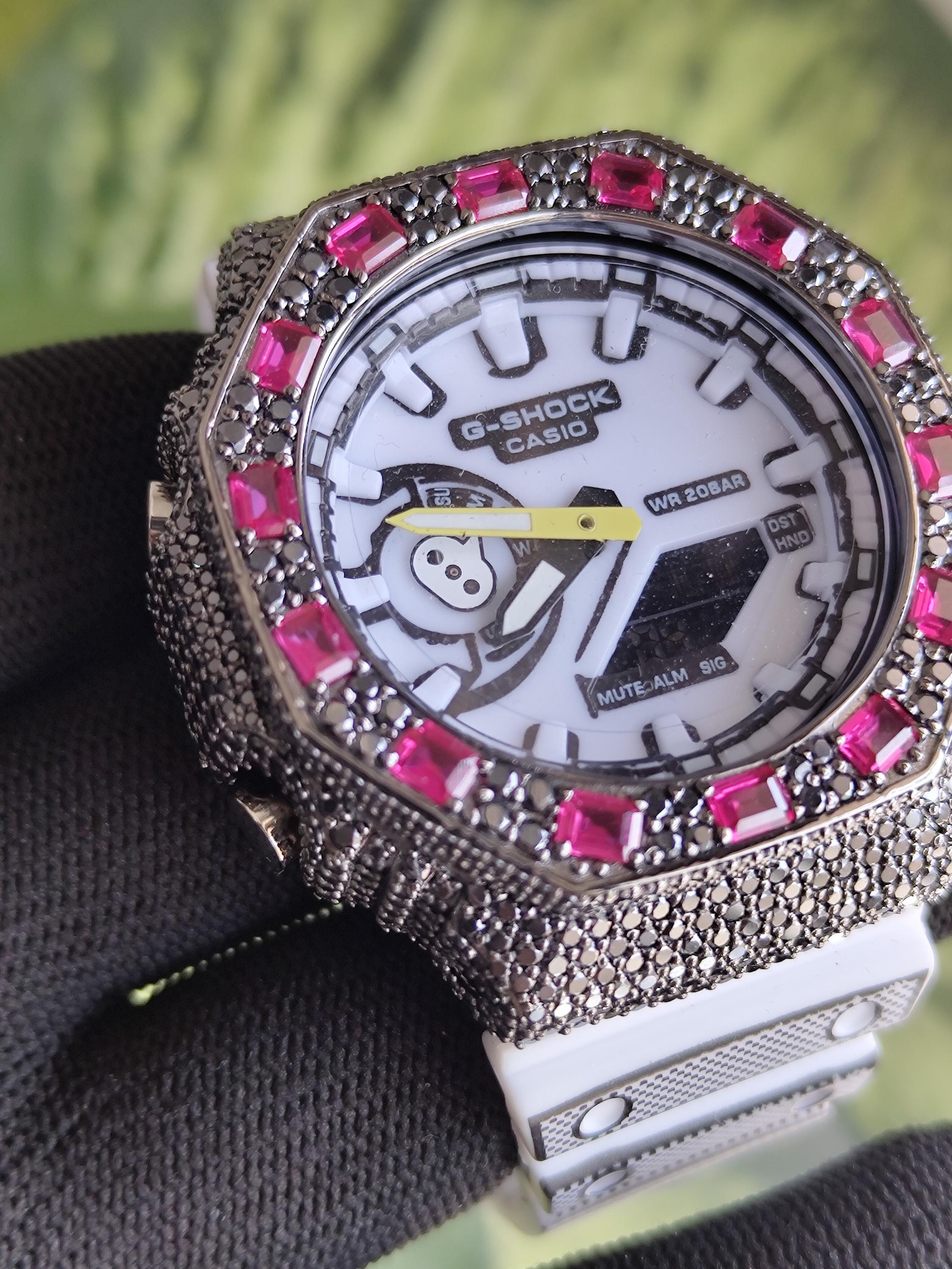 Custom Iced Out Watch: VVS black Moissanite, Raspberry Dial by Silvoura