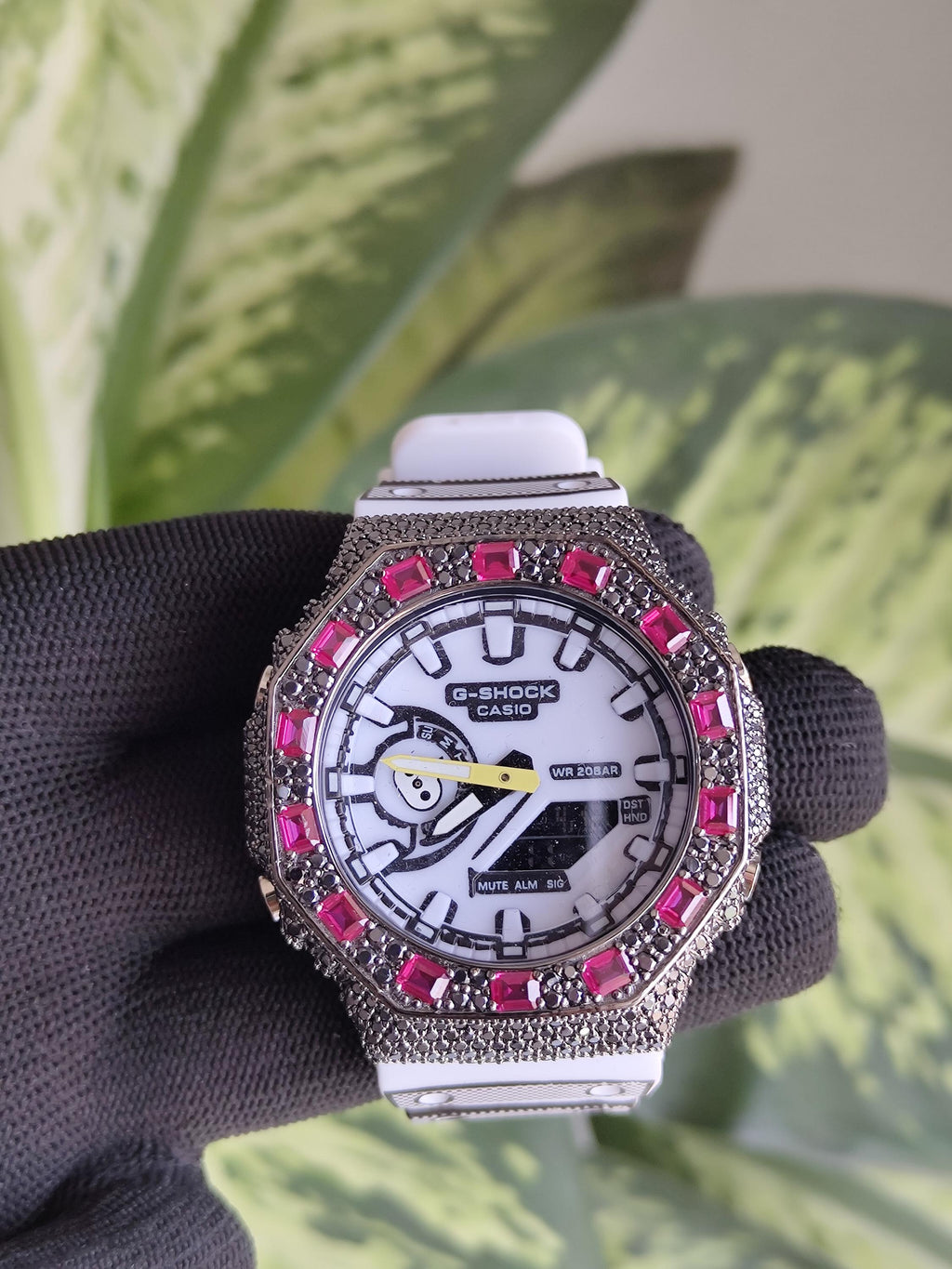 Custom Iced Out Watch: VVS black Moissanite, Raspberry Dial by Silvoura