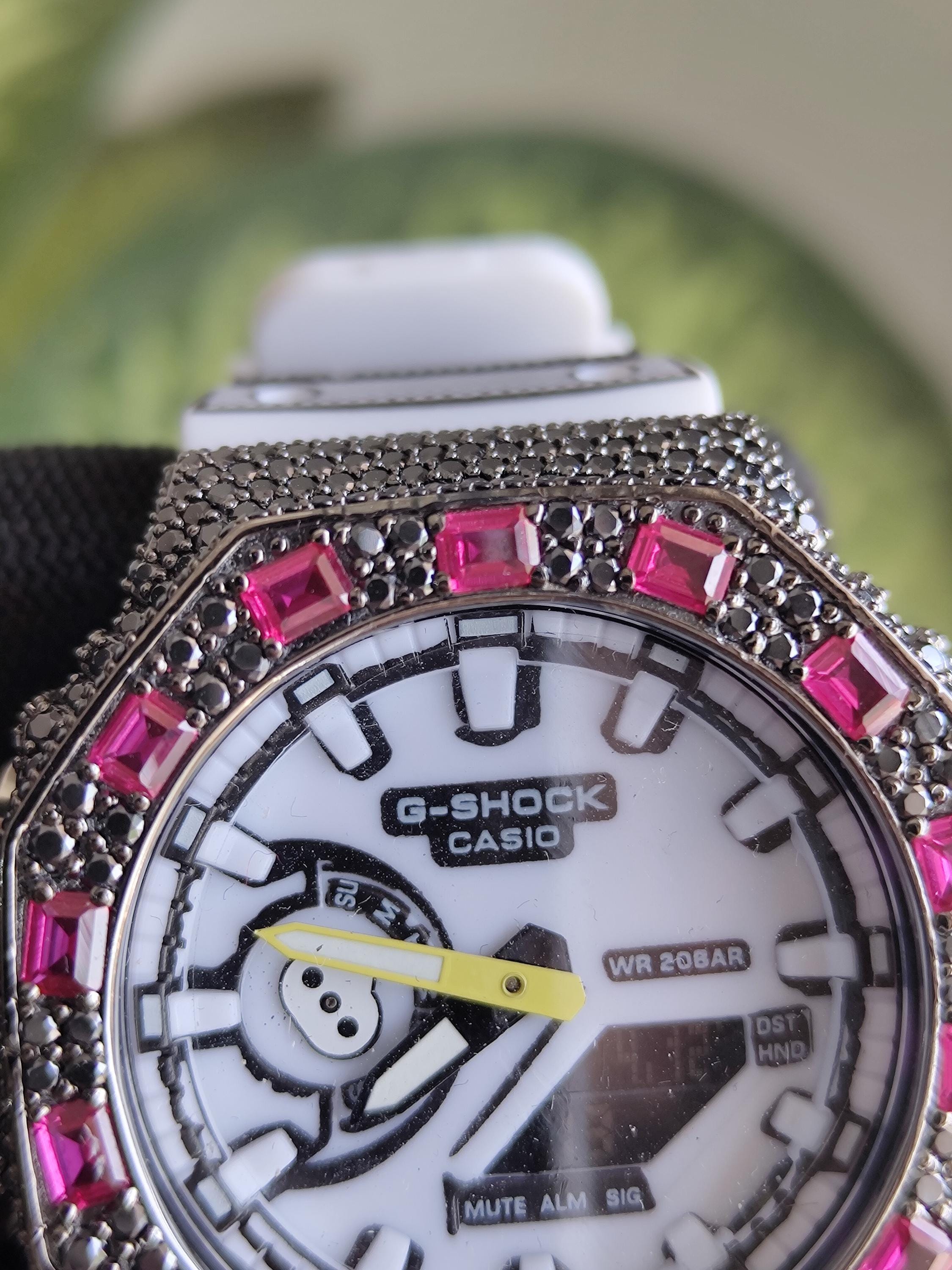 Custom Iced Out Watch: VVS black Moissanite, Raspberry Dial by Silvoura