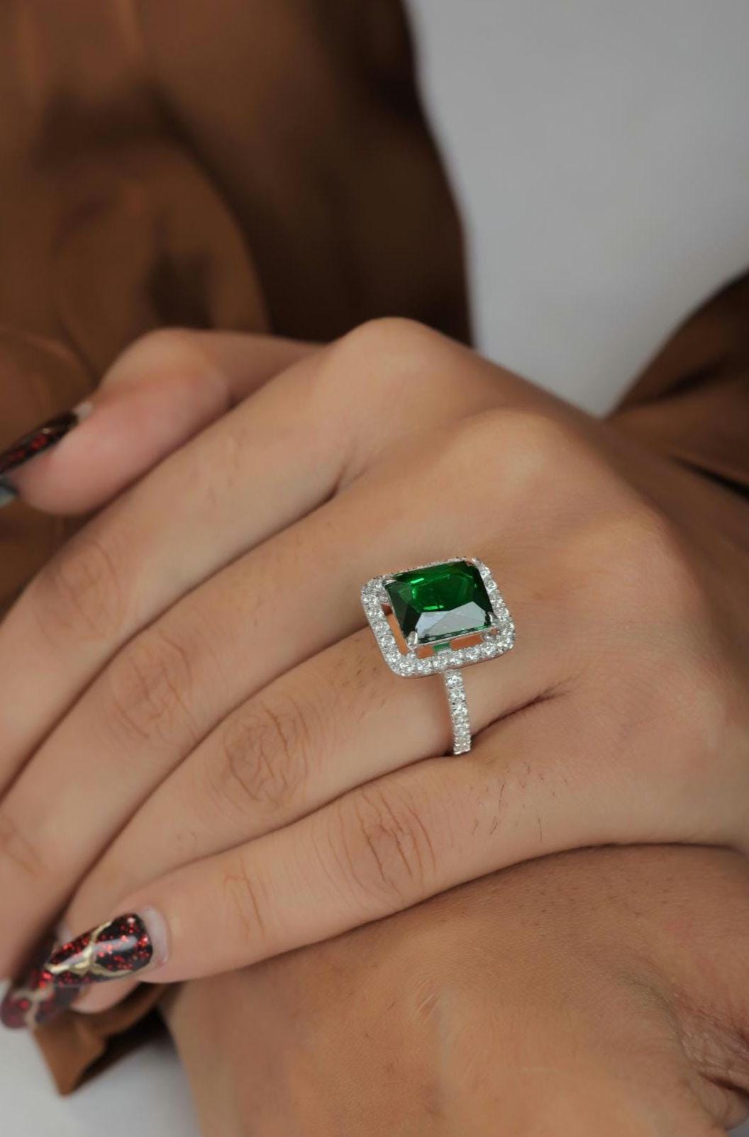 Emerald Green Gemstone & Moissanite Sterling Silver Statement Ring - Square Halo